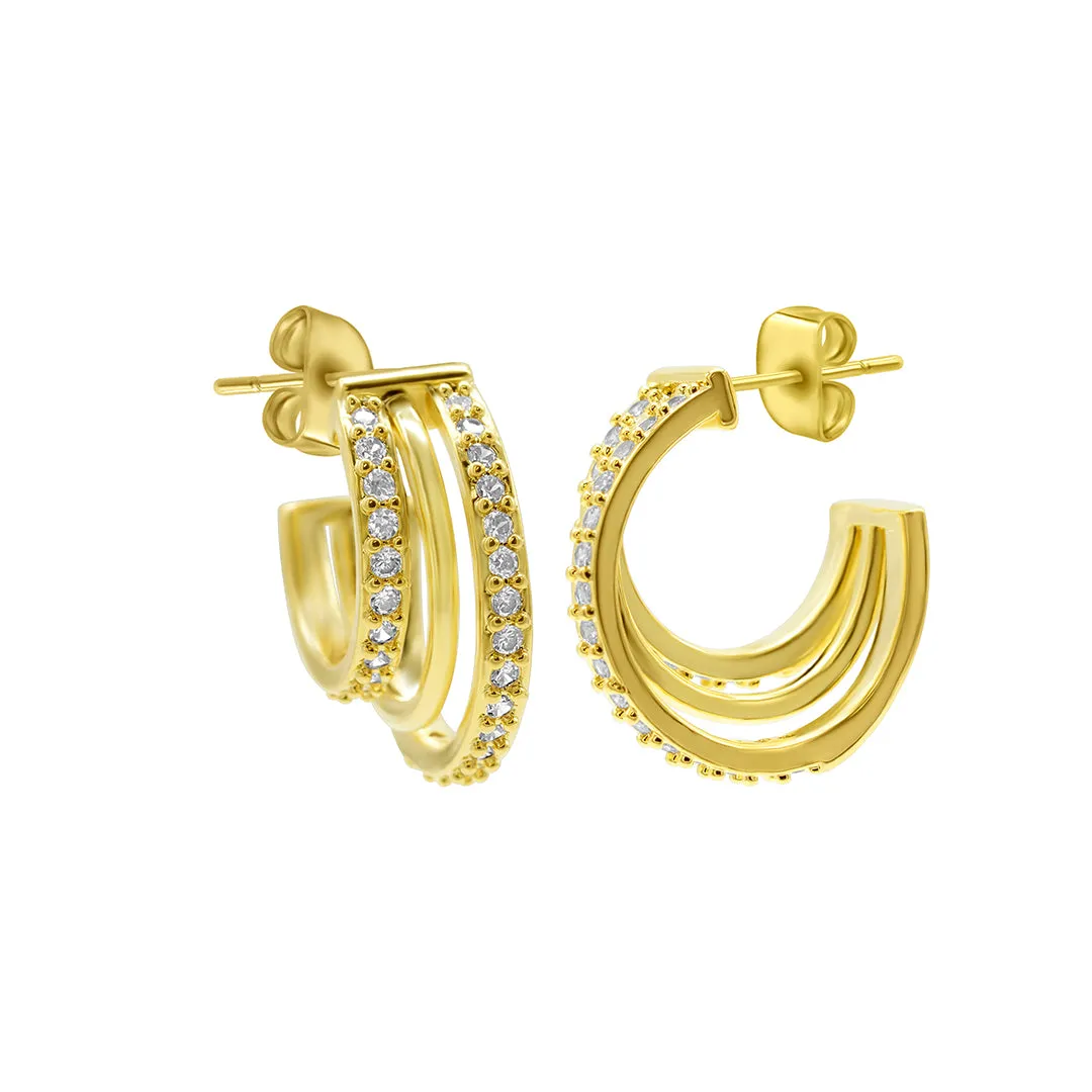 14K Gold Plated Multi-Band Crystal Huggie Earrings