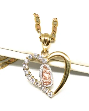 14k Solid Gold Tri-Color Virrgin Mary Heart CZ Pendant Necklace Virrgen Gaudalupe Valentina Chain