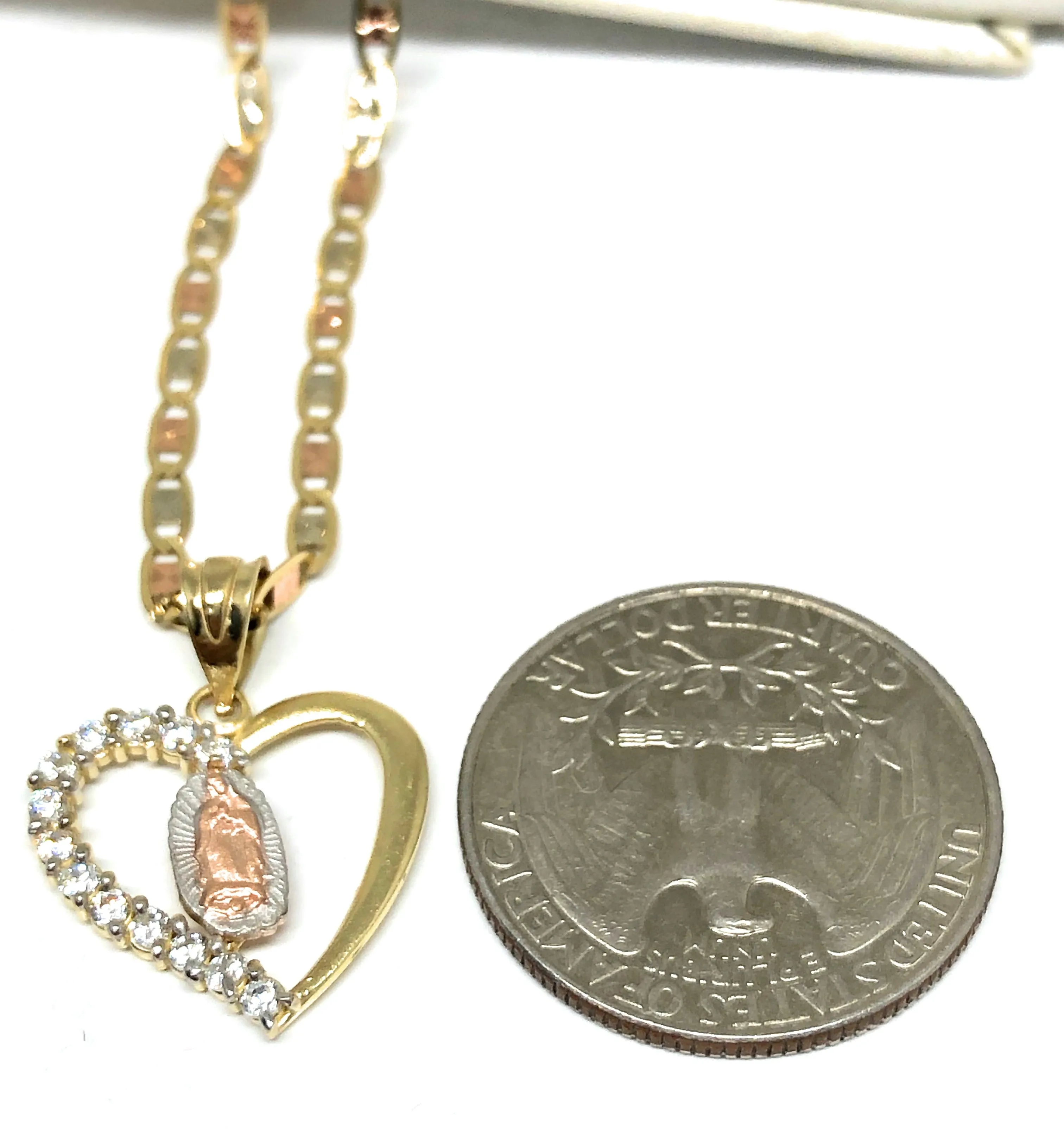 14k Solid Gold Tri-Color Virrgin Mary Heart CZ Pendant Necklace Virrgen Gaudalupe Valentina Chain