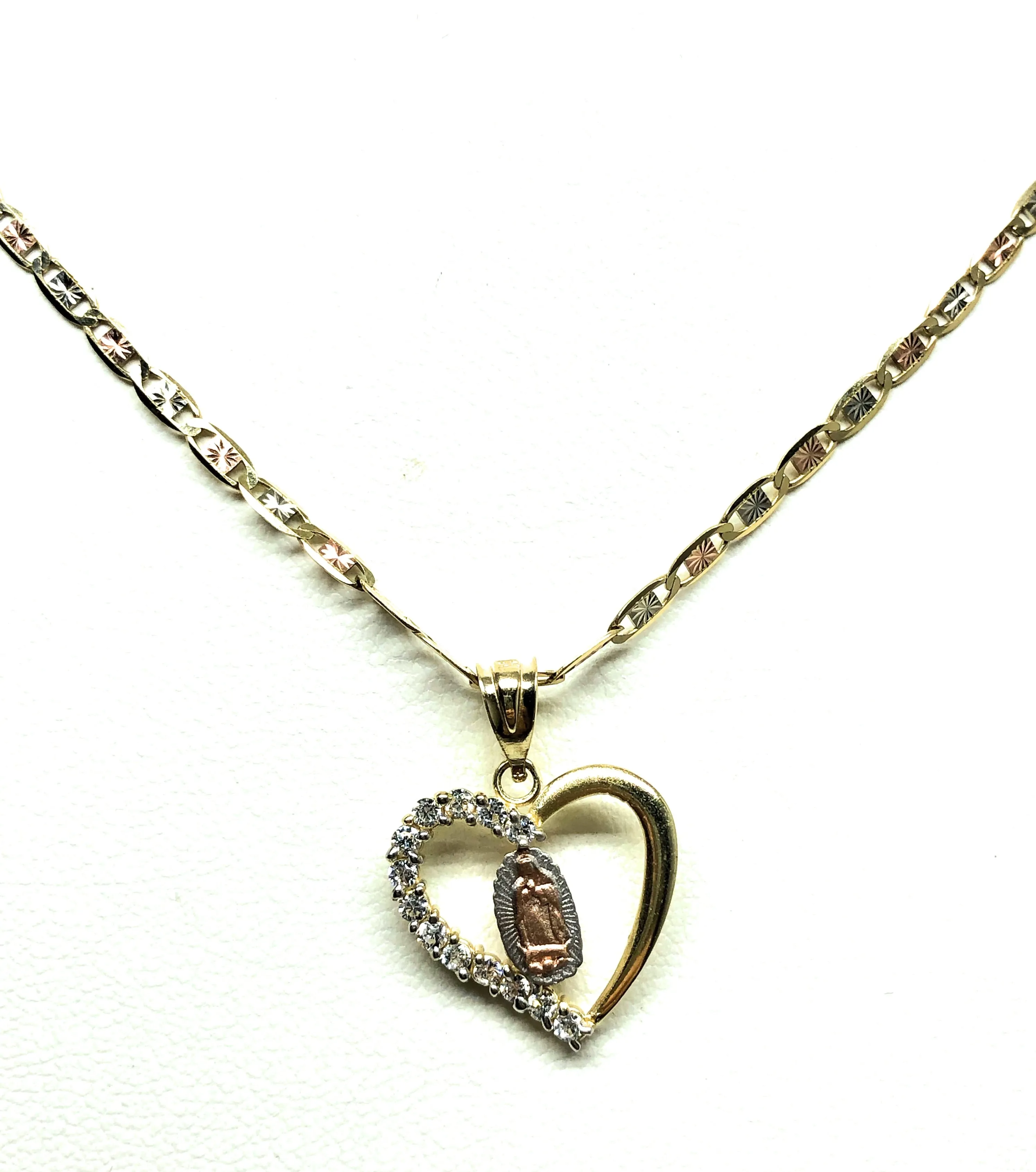 14k Solid Gold Tri-Color Virrgin Mary Heart CZ Pendant Necklace Virrgen Gaudalupe Valentina Chain