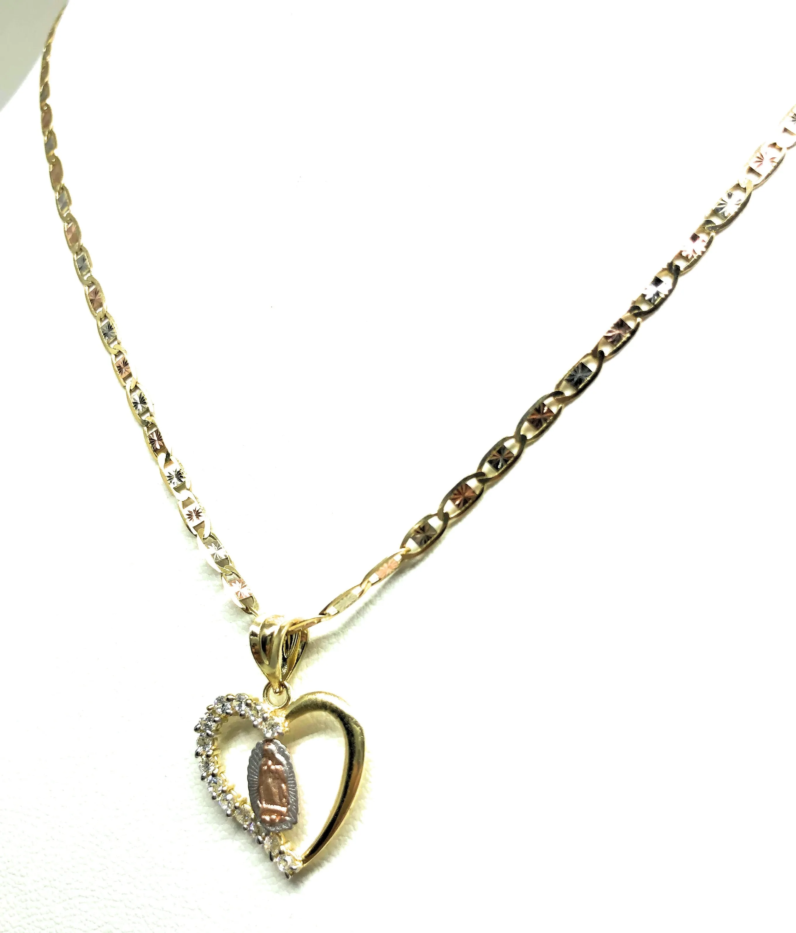 14k Solid Gold Tri-Color Virrgin Mary Heart CZ Pendant Necklace Virrgen Gaudalupe Valentina Chain