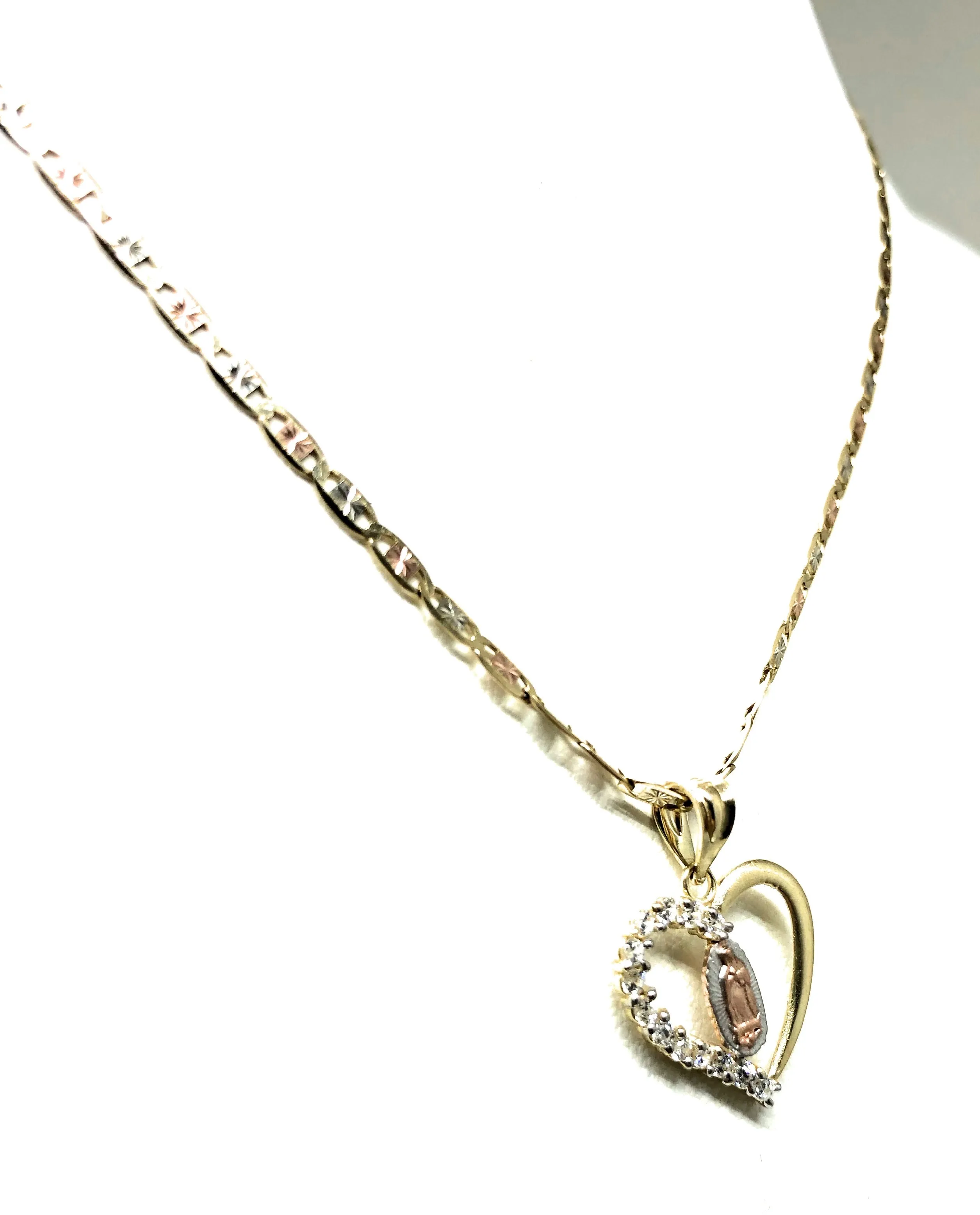 14k Solid Gold Tri-Color Virrgin Mary Heart CZ Pendant Necklace Virrgen Gaudalupe Valentina Chain