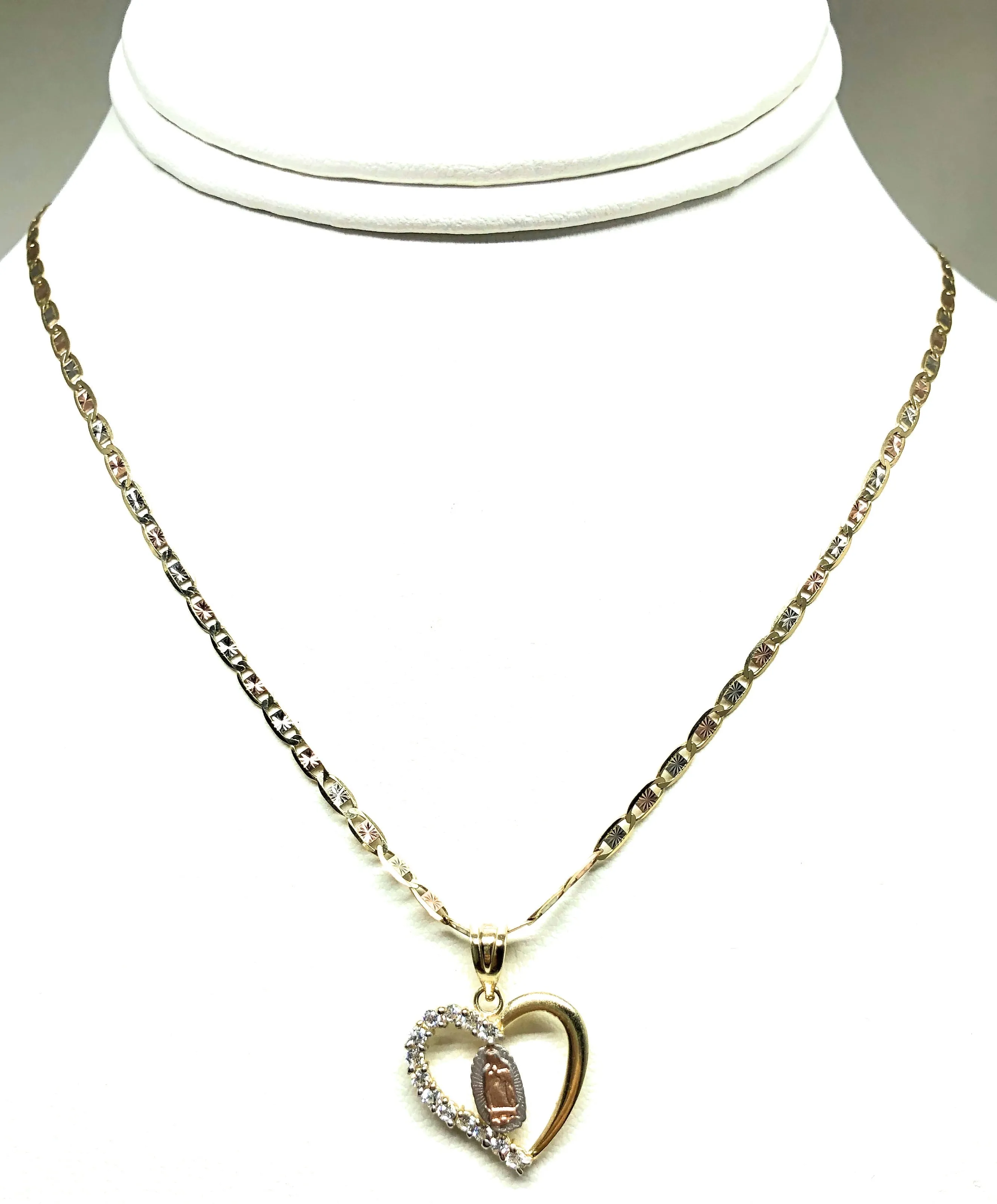 14k Solid Gold Tri-Color Virrgin Mary Heart CZ Pendant Necklace Virrgen Gaudalupe Valentina Chain