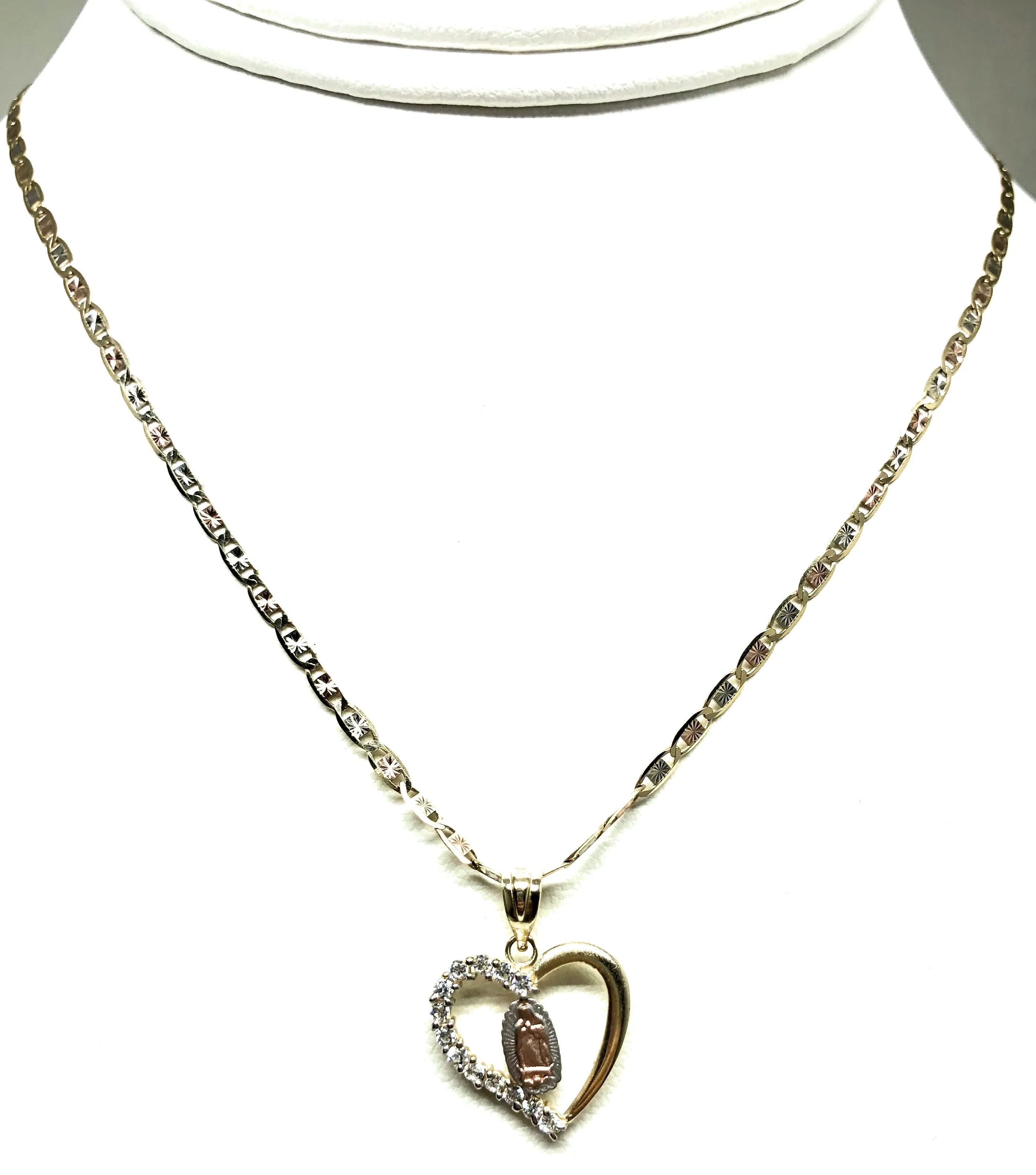 14k Solid Gold Tri-Color Virrgin Mary Heart CZ Pendant Necklace Virrgen Gaudalupe Valentina Chain