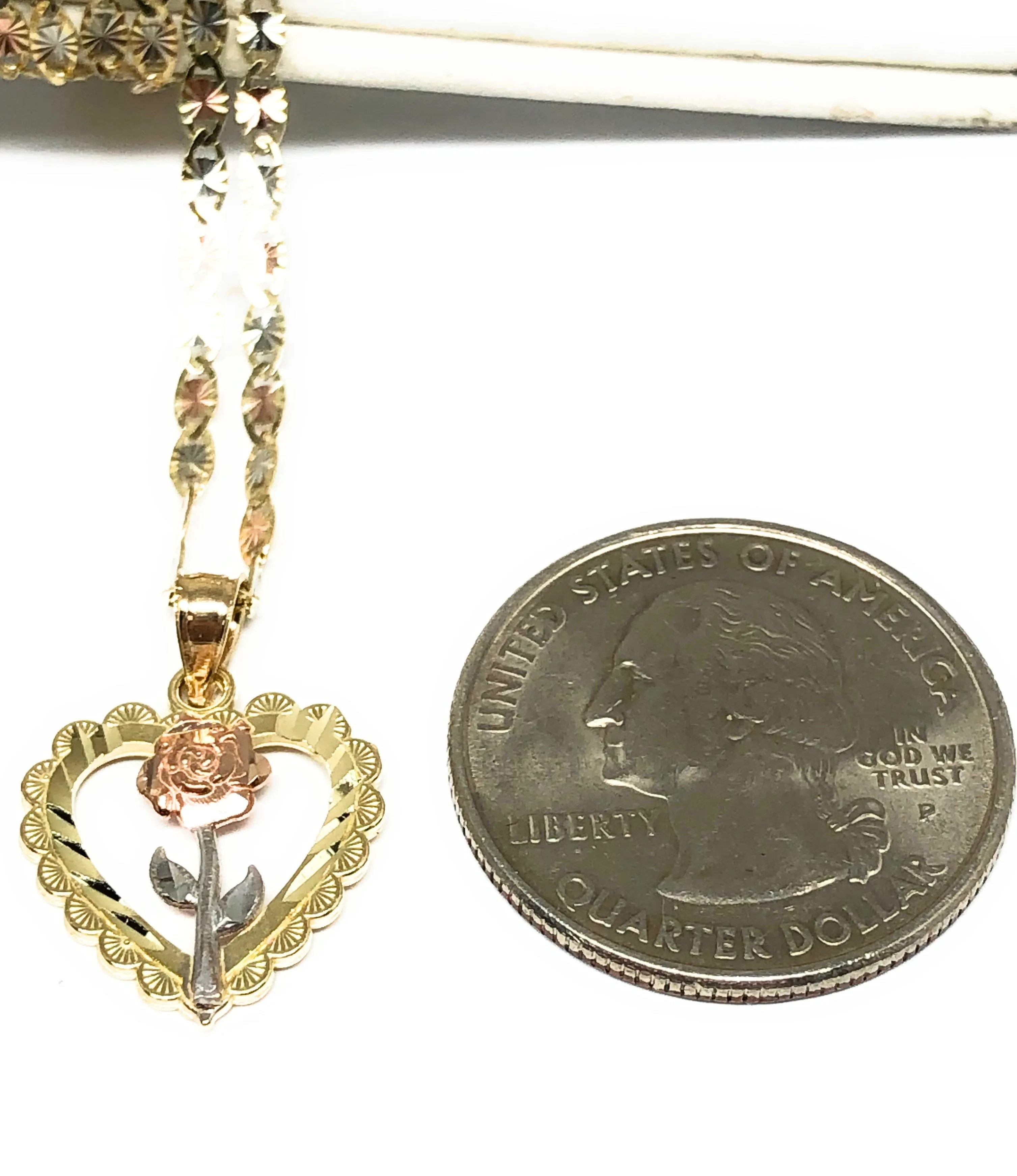 14k Solid Gold Yellow & Rose Heart Pendant Necklace Valentina Chain