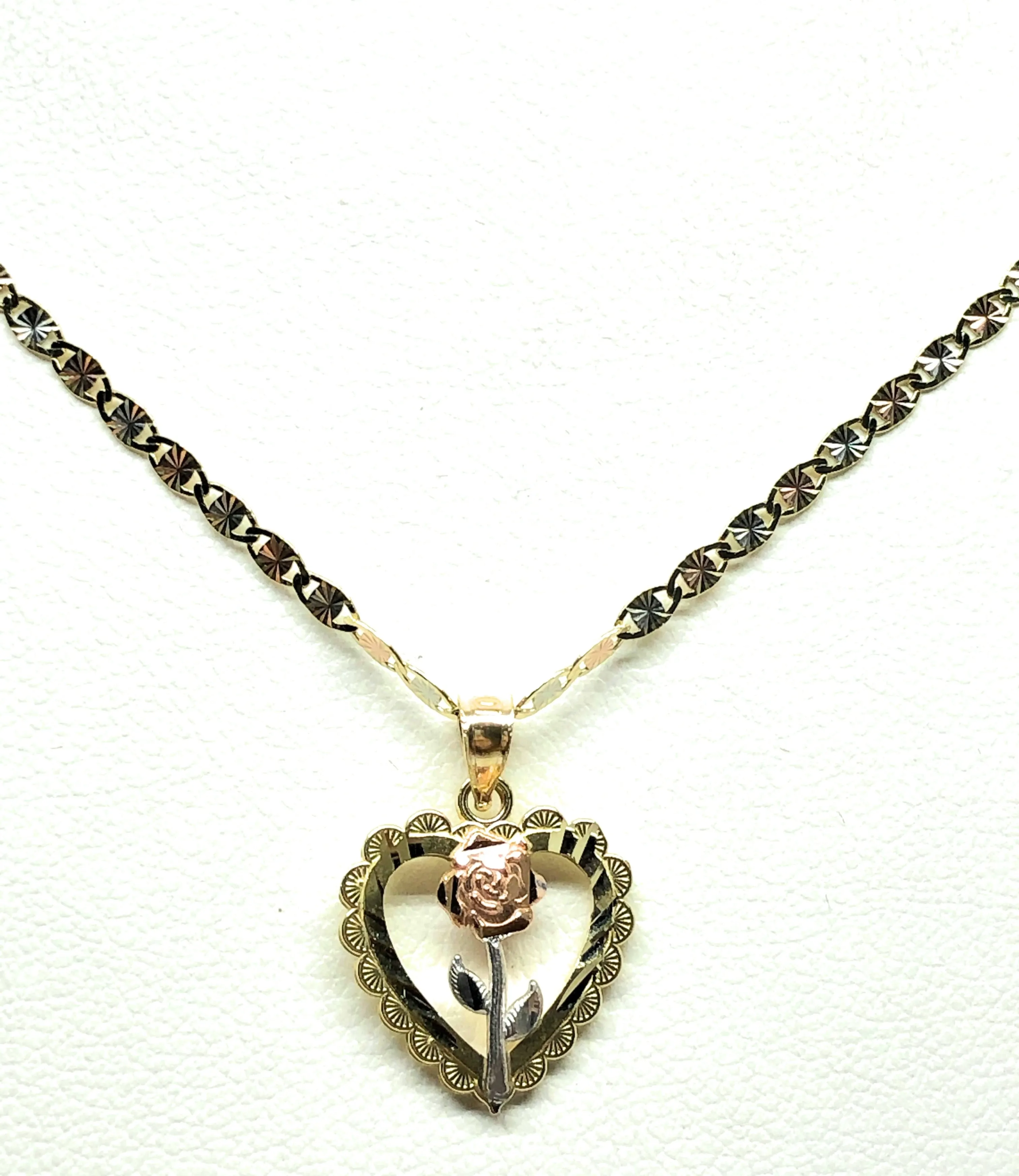 14k Solid Gold Yellow & Rose Heart Pendant Necklace Valentina Chain