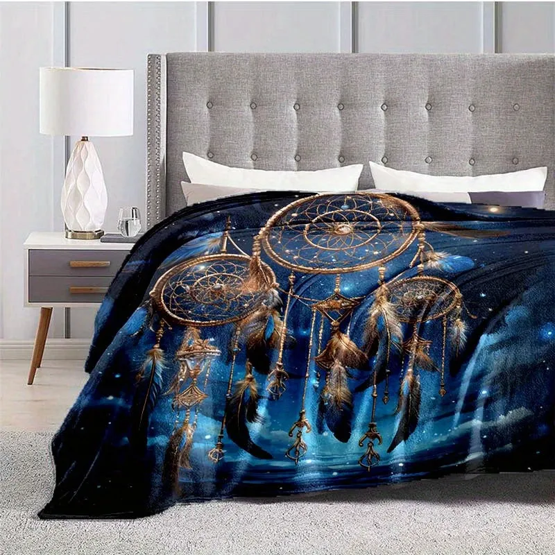 1pc Blue Dream Catcher Thin Blanket - Lightweight Flannel Throw For Sofa, Bed, Travel, Camping, Livingroom, Office, Couch, Chair