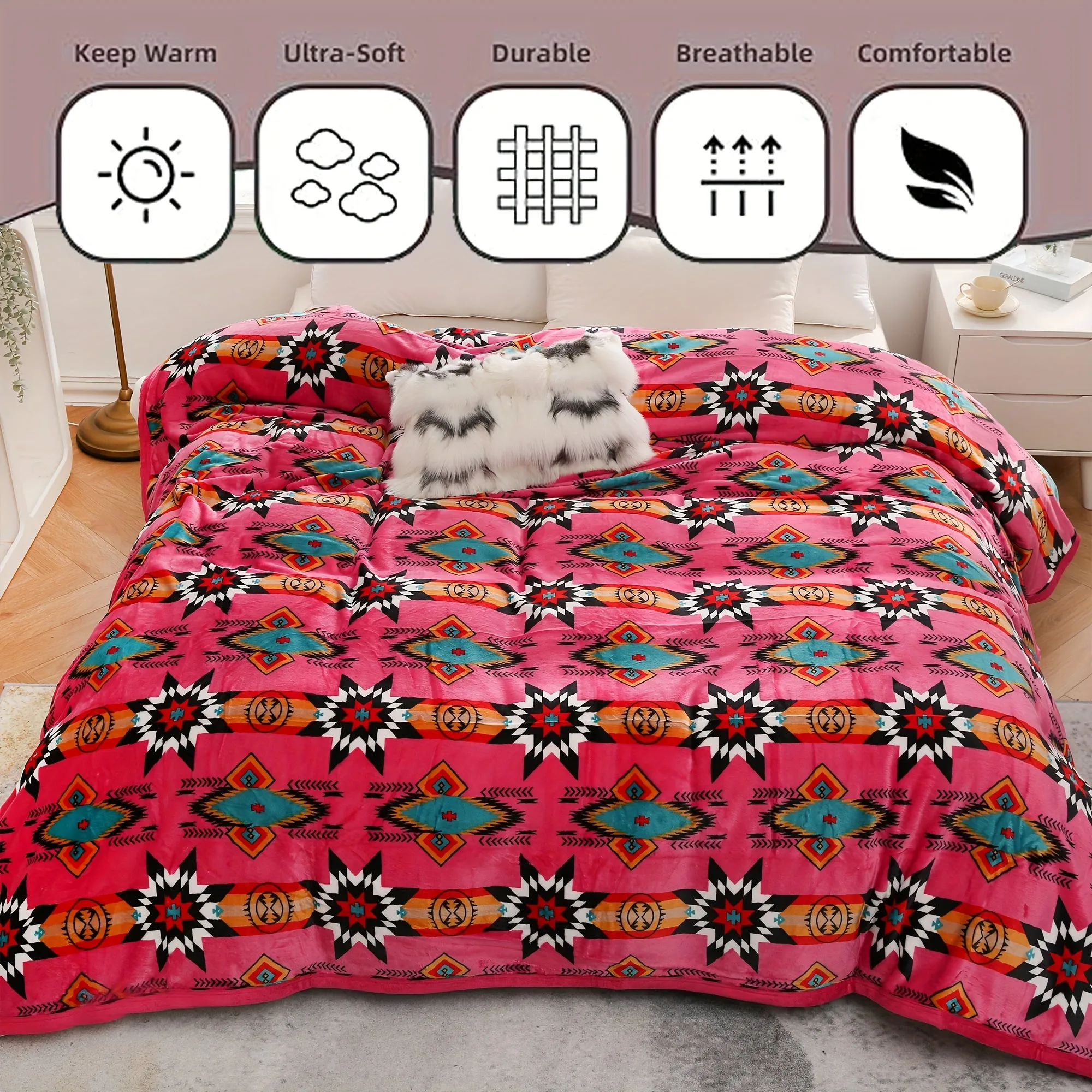 1pc Southwestern Star Flannel Printed Bed Blanket, 400GSM Blanket For Sofa Couch Bed Car Home Camping Traveling