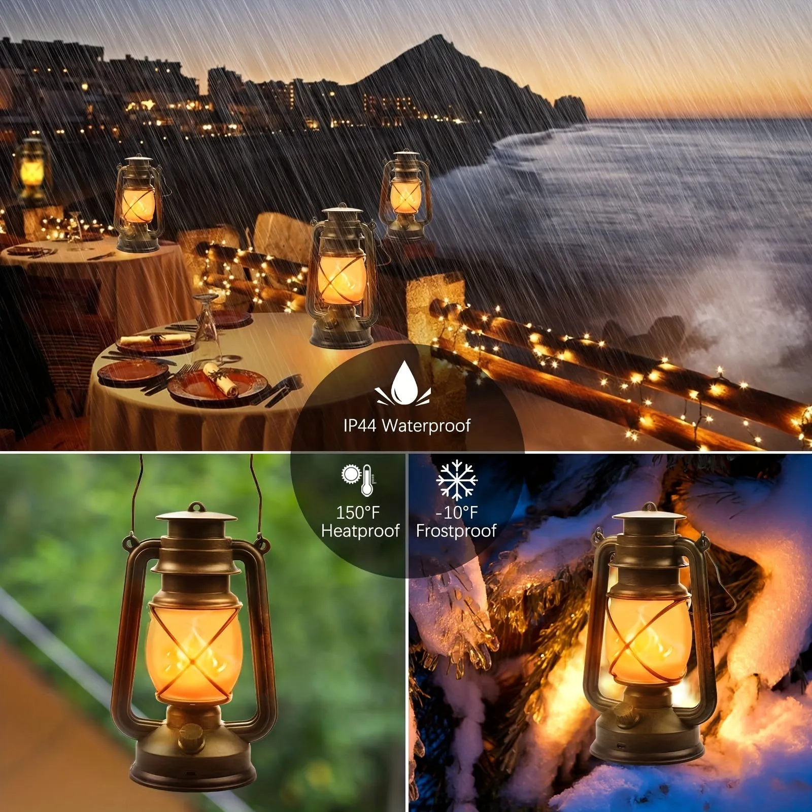 2 Pack flame retro lanterns, LED Battery Powered Camping Lamp Outdoor Hanging Lantern Flickering Flame Rechargeable Retro Lanter