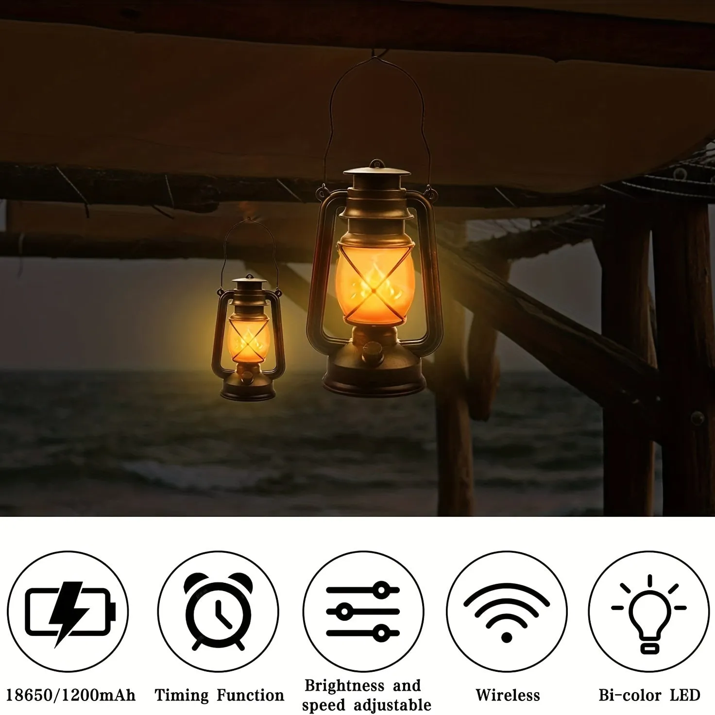 2 Pack flame retro lanterns, LED Battery Powered Camping Lamp Outdoor Hanging Lantern Flickering Flame Rechargeable Retro Lanter