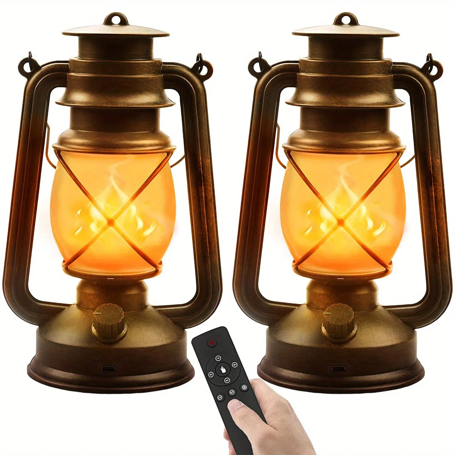 2 Pack flame retro lanterns, LED Battery Powered Camping Lamp Outdoor Hanging Lantern Flickering Flame Rechargeable Retro Lanter