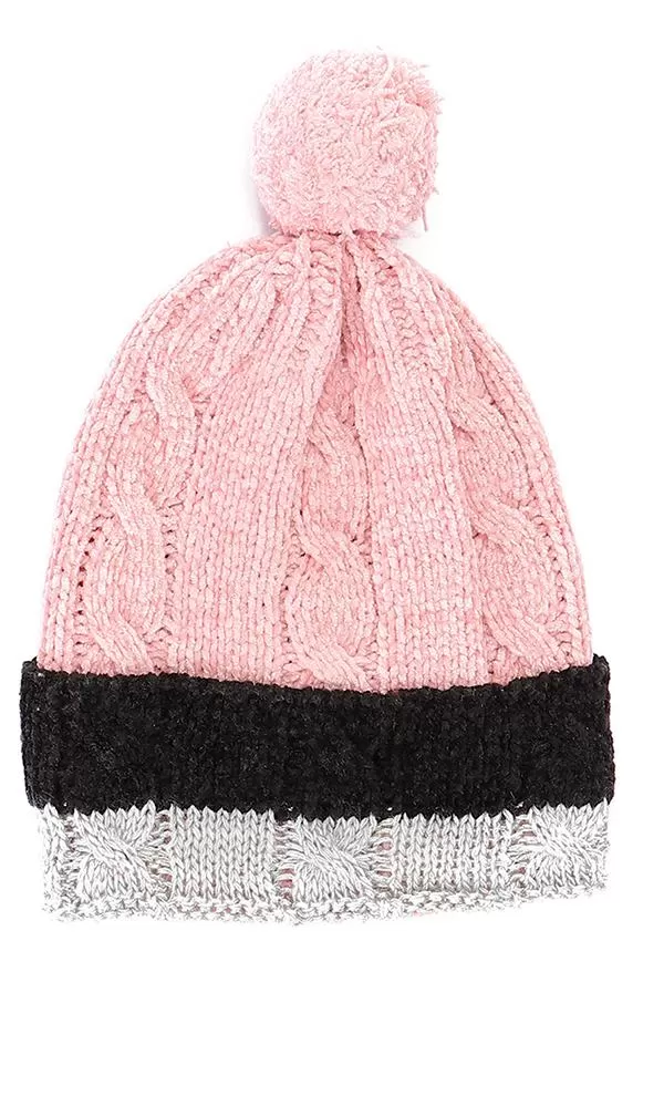 45956 Girls Tri-Tone Knitted Pom Beanie - Pink, Grey & Black