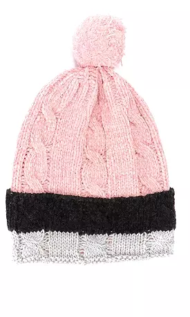 45956 Girls Tri-Tone Knitted Pom Beanie - Pink, Grey & Black