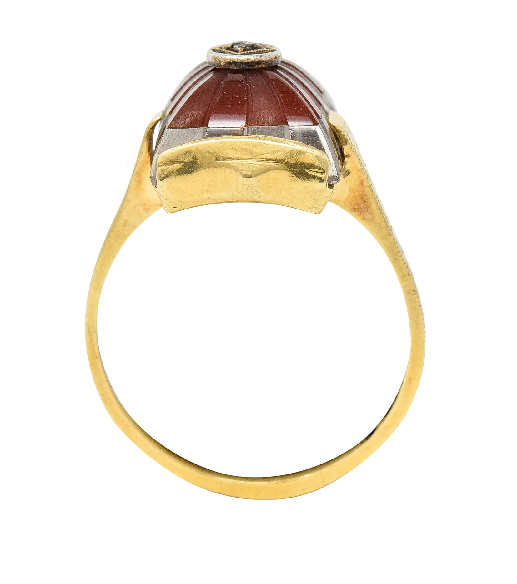 Art Deco Carved Carnelian Quartz Crystal Diamond 14 Karat Yellow Gold Vintage Gemstone Ring