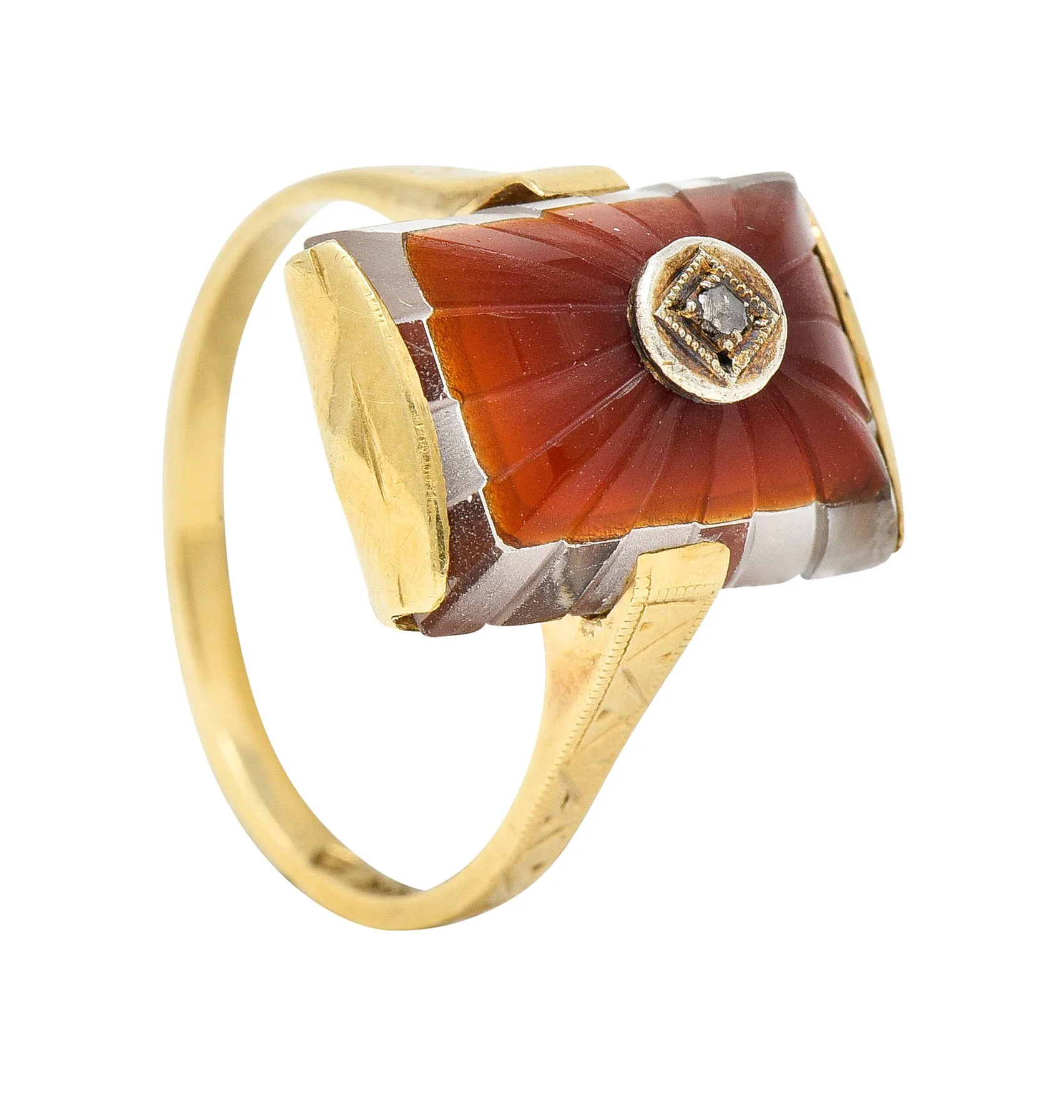 Art Deco Carved Carnelian Quartz Crystal Diamond 14 Karat Yellow Gold Vintage Gemstone Ring