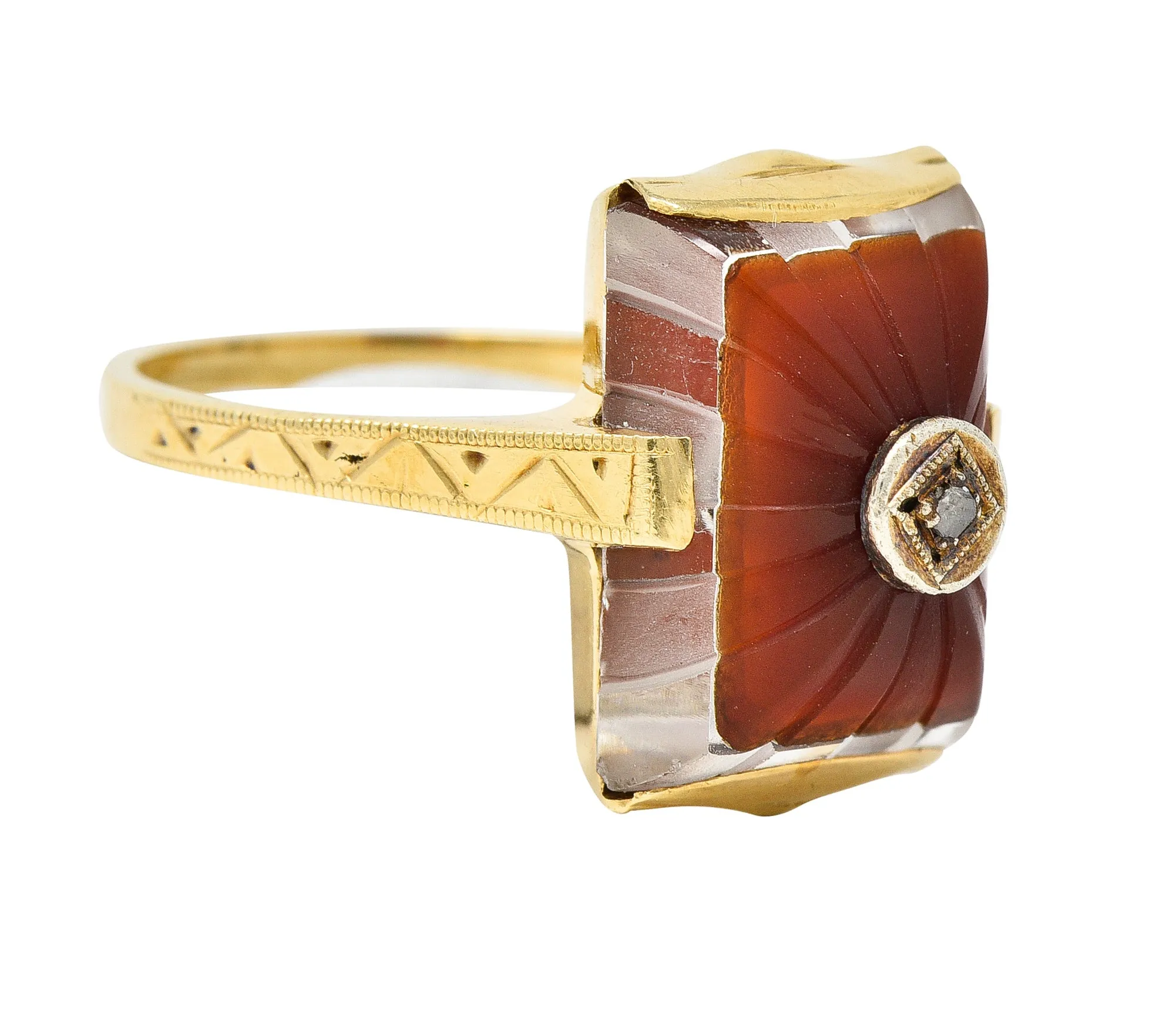 Art Deco Carved Carnelian Quartz Crystal Diamond 14 Karat Yellow Gold Vintage Gemstone Ring