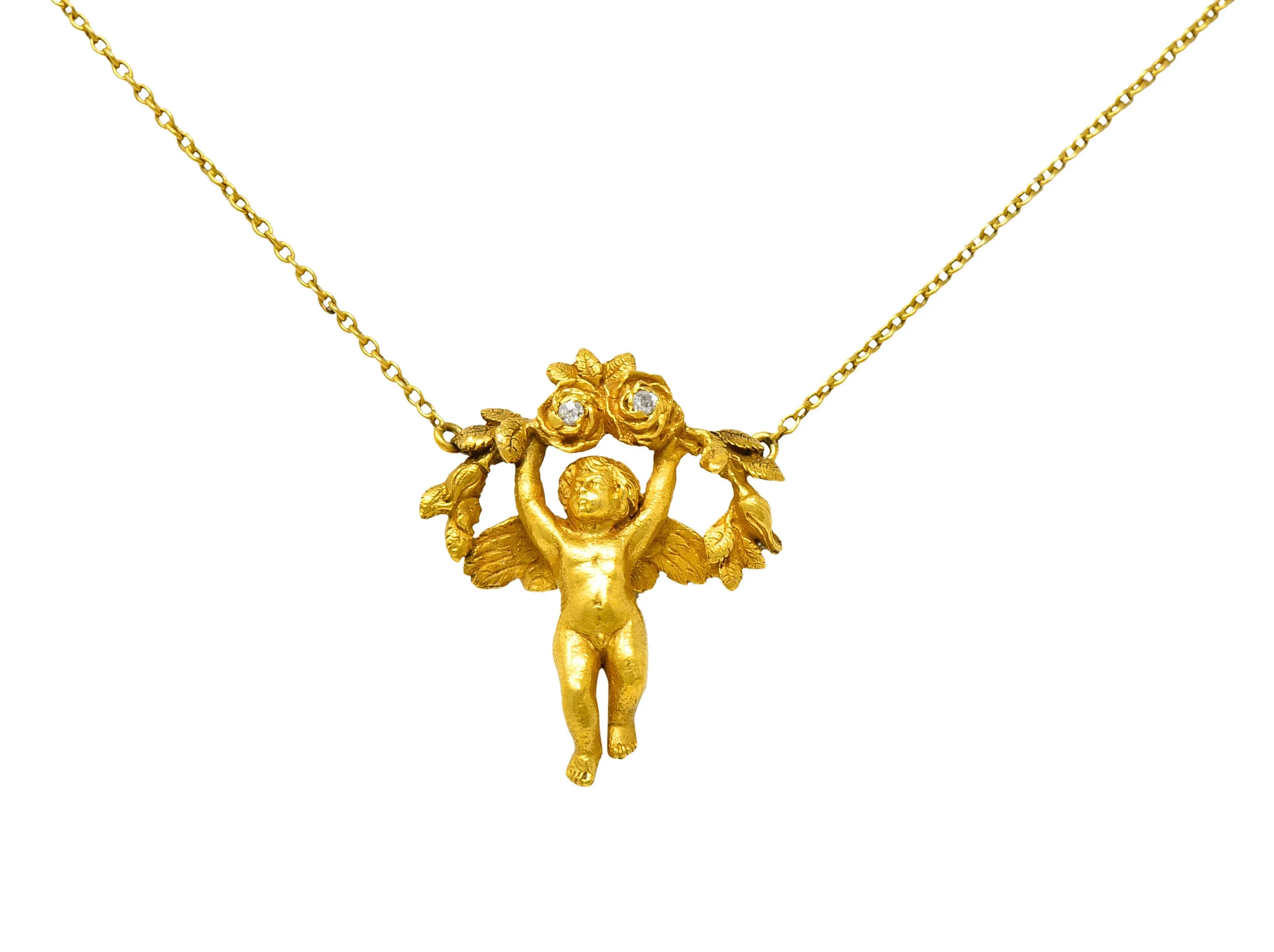 Art Nouveau Diamond 18 Karat Yellow Gold Cherub Station Necklace