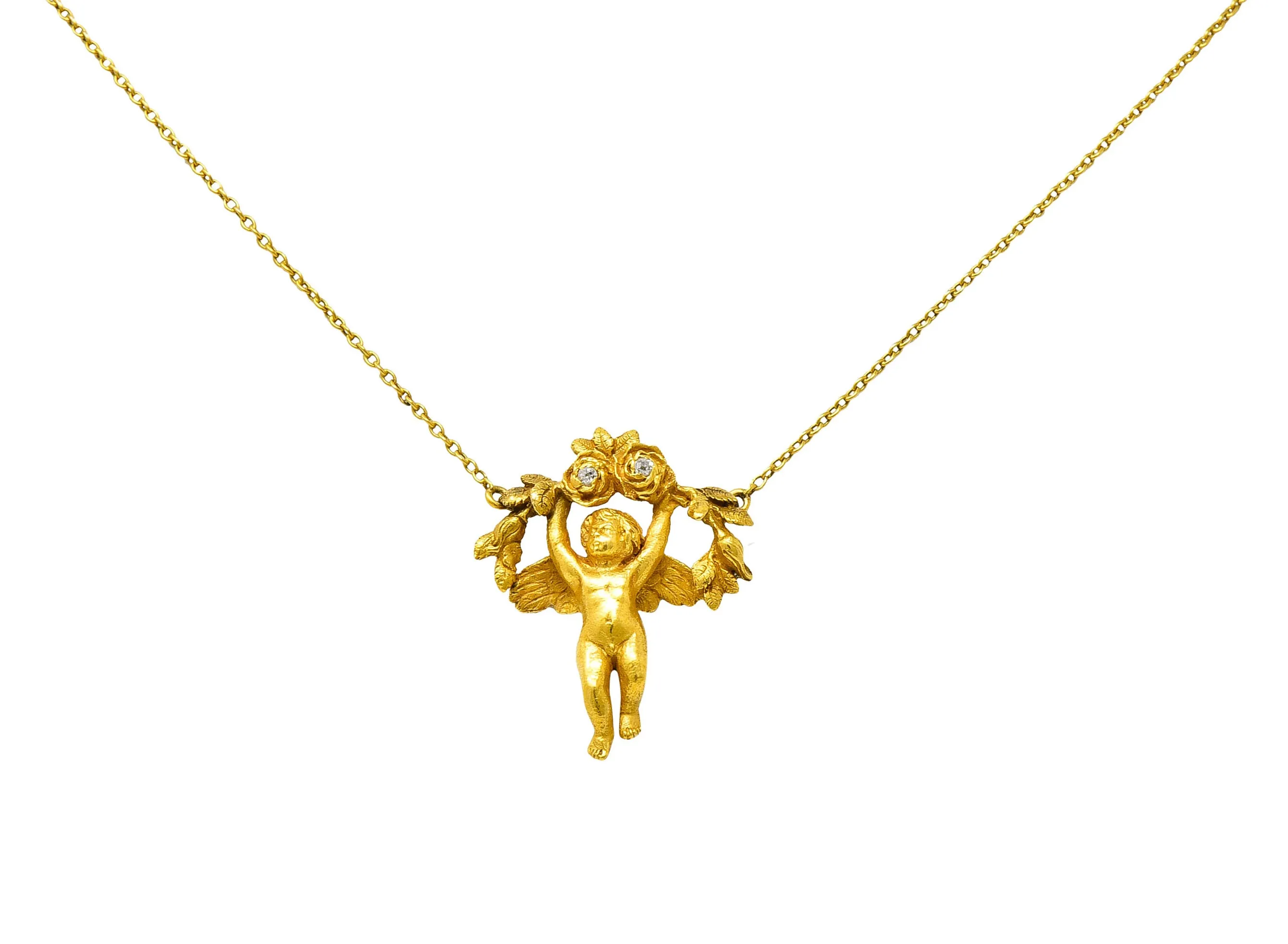 Art Nouveau Diamond 18 Karat Yellow Gold Cherub Station Necklace