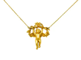 Art Nouveau Diamond 18 Karat Yellow Gold Cherub Station Necklace