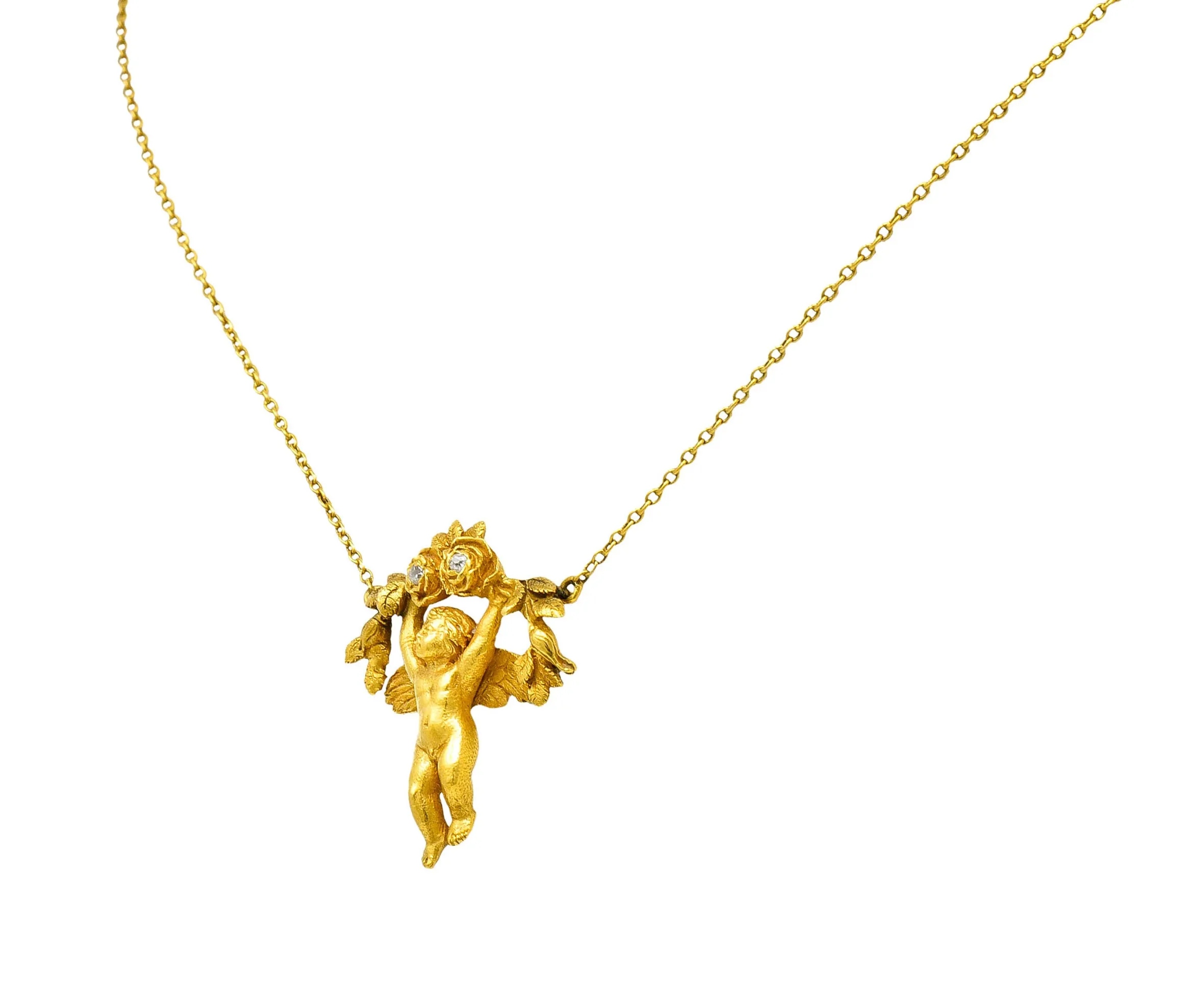 Art Nouveau Diamond 18 Karat Yellow Gold Cherub Station Necklace