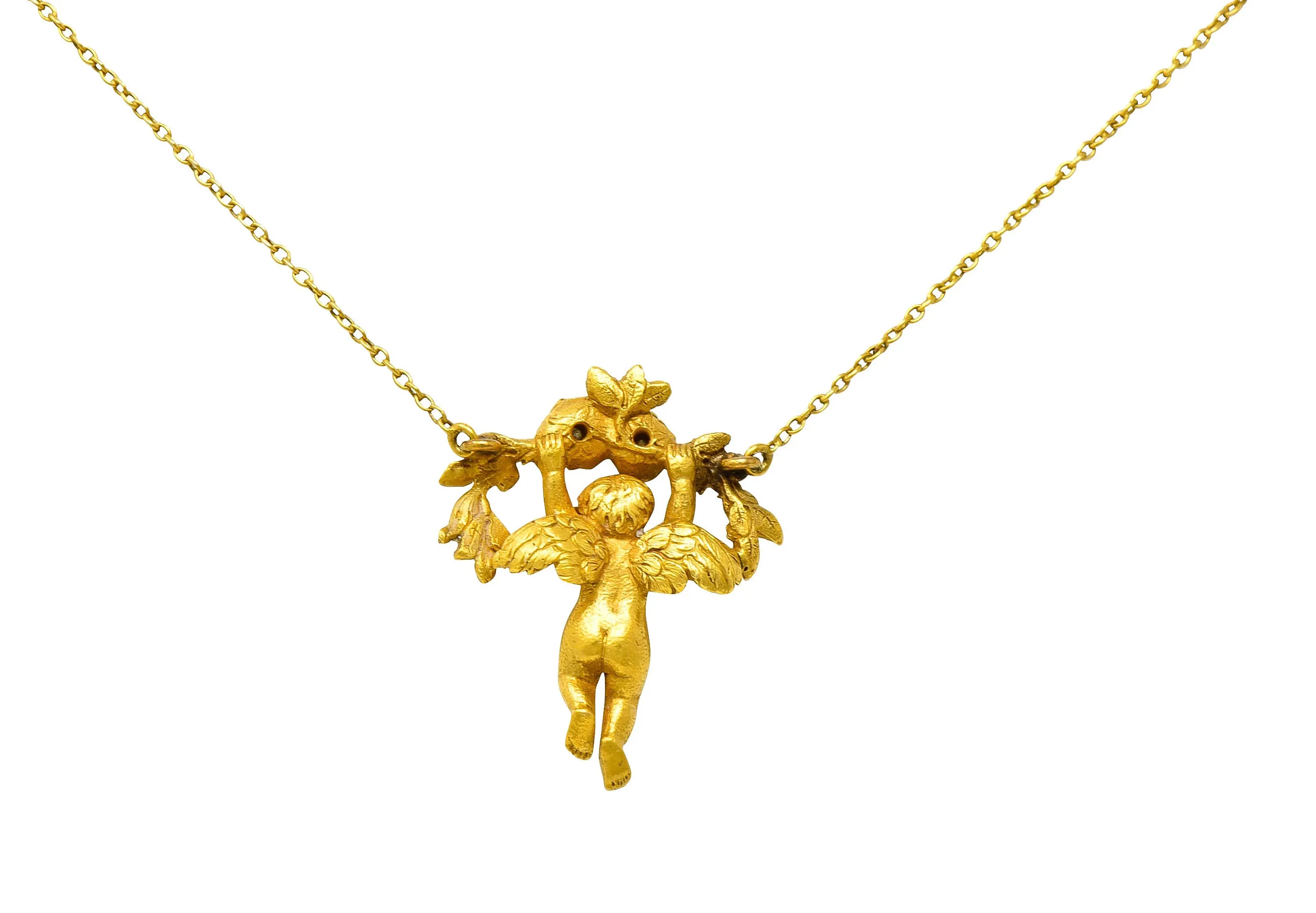 Art Nouveau Diamond 18 Karat Yellow Gold Cherub Station Necklace