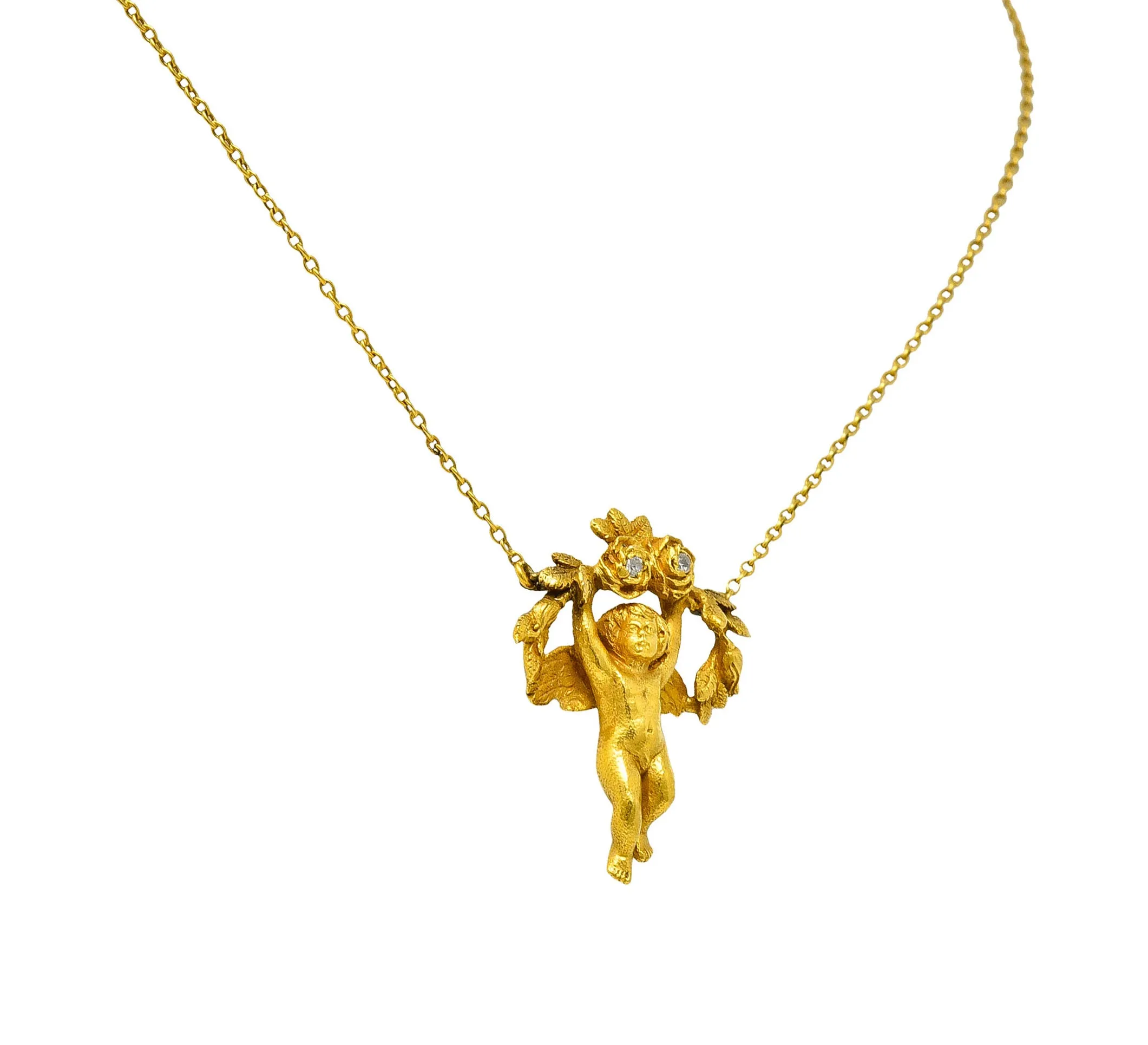 Art Nouveau Diamond 18 Karat Yellow Gold Cherub Station Necklace