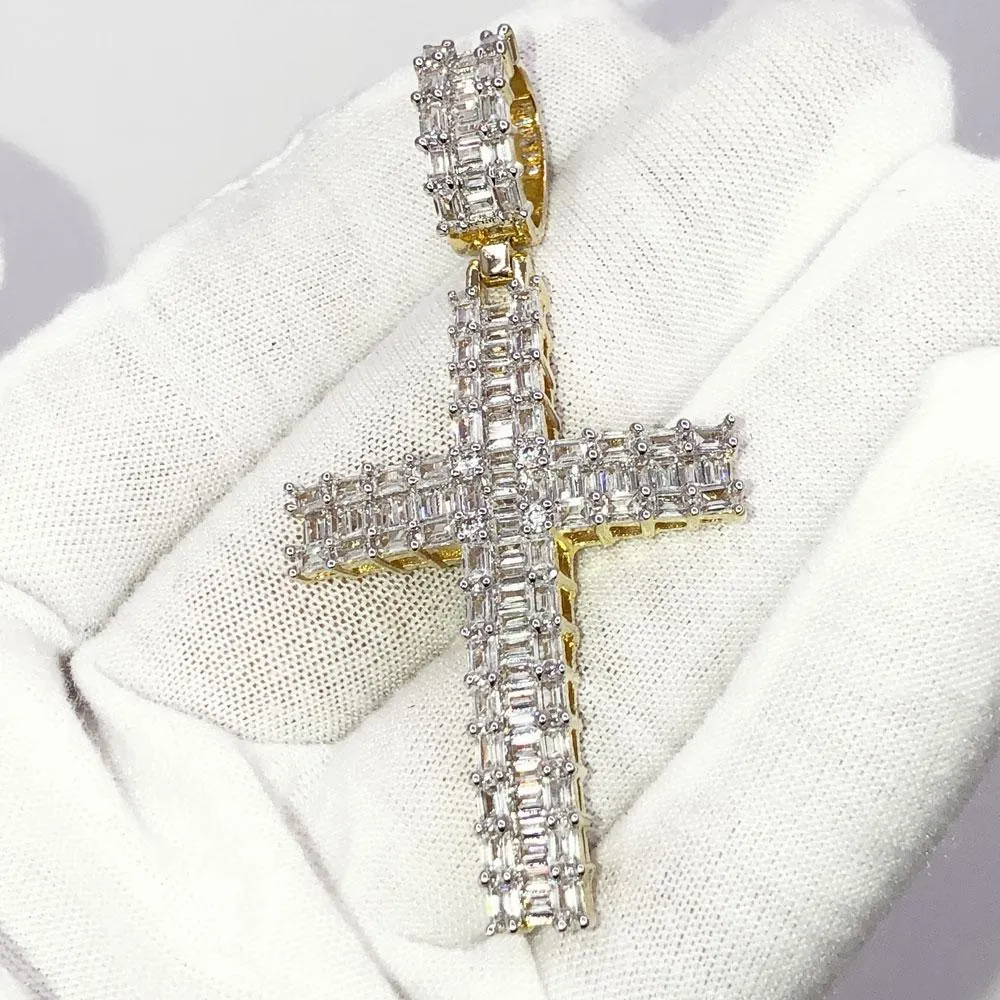 Baguette Domed Cross VVS CZ Hip Hop Iced Out Pendant