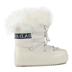 Beige women's snow boots with decorative fur