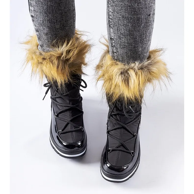 Black patent snow boots with Bow fur