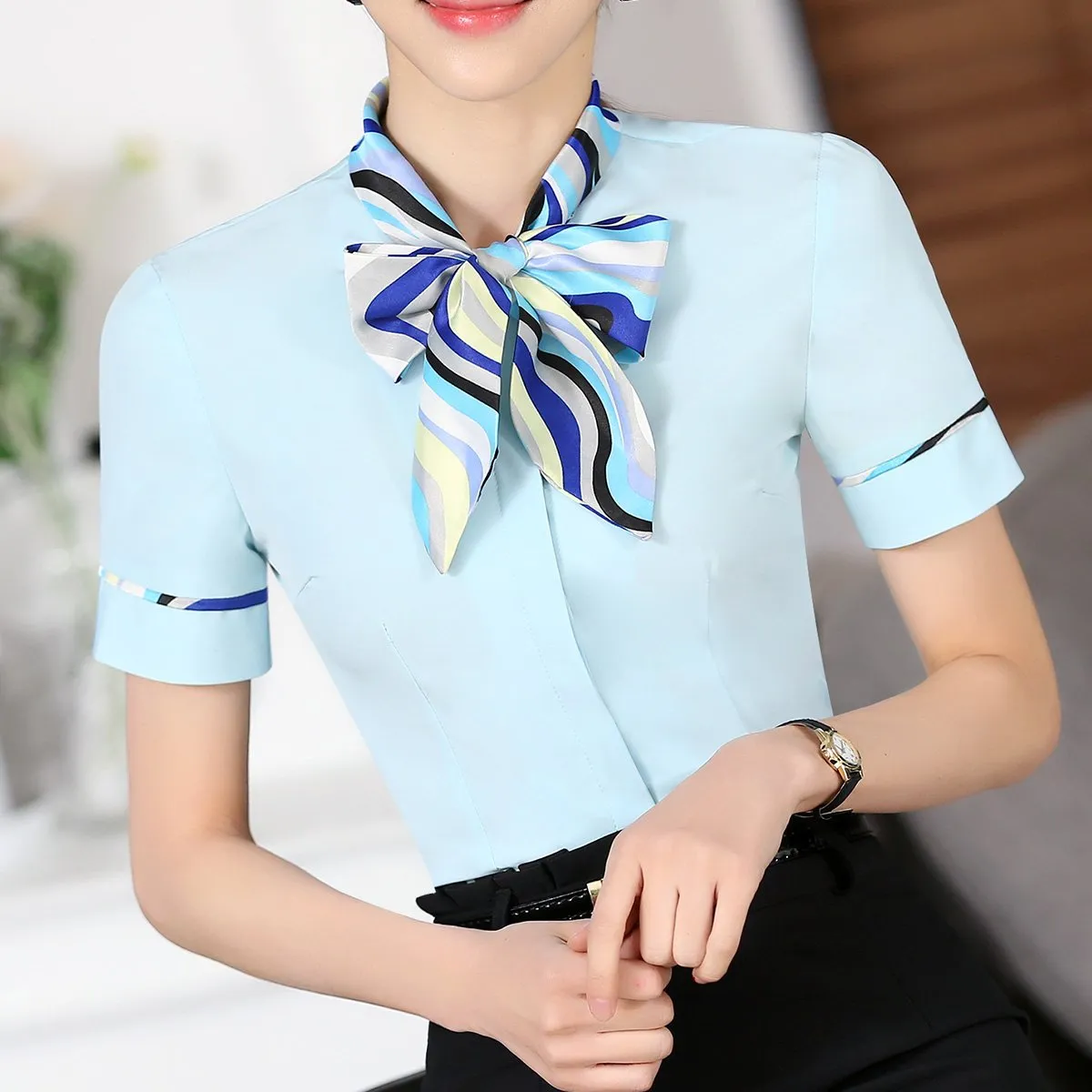 Chinese Spring Fashion Female Office Short Sleeve Ruffle Bowtie Blouse