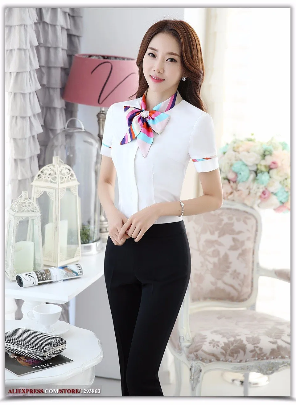 Chinese Spring Fashion Female Office Short Sleeve Ruffle Bowtie Blouse