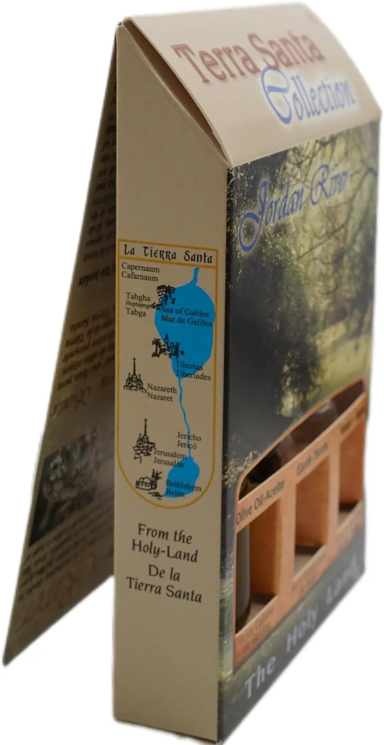 Christian Jordan River Themed Christian Gift Set w/ 3 Bottles - Olive Oil, Holy Water & Bethlehem Soil 10ml/ 0.3 oz