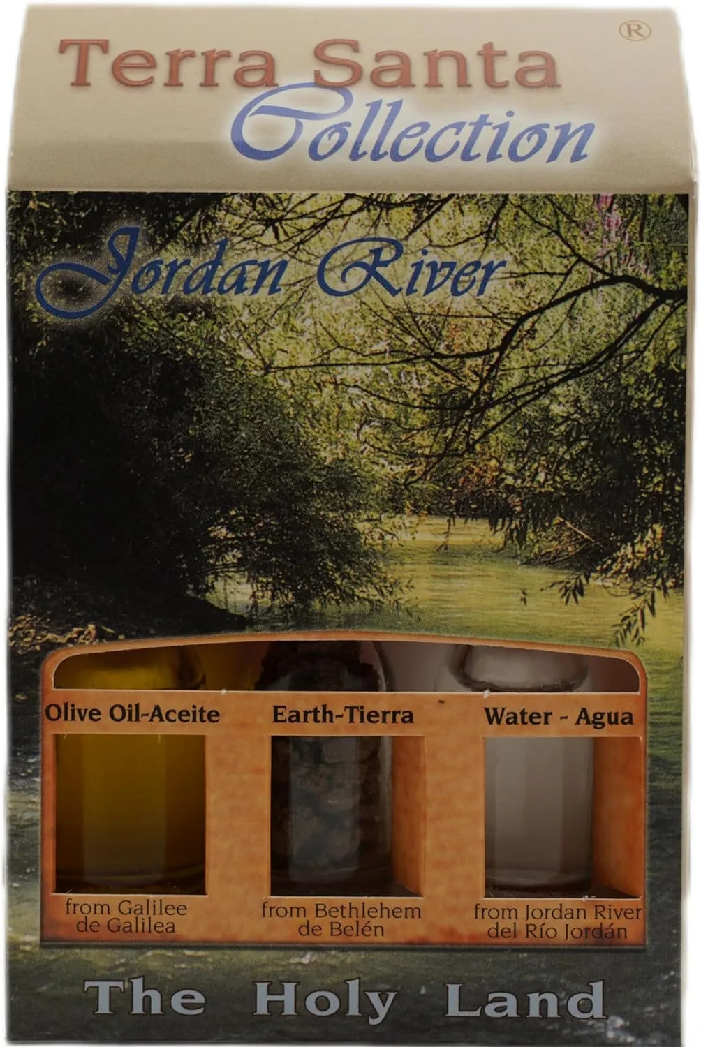 Christian Jordan River Themed Christian Gift Set w/ 3 Bottles - Olive Oil, Holy Water & Bethlehem Soil 10ml/ 0.3 oz