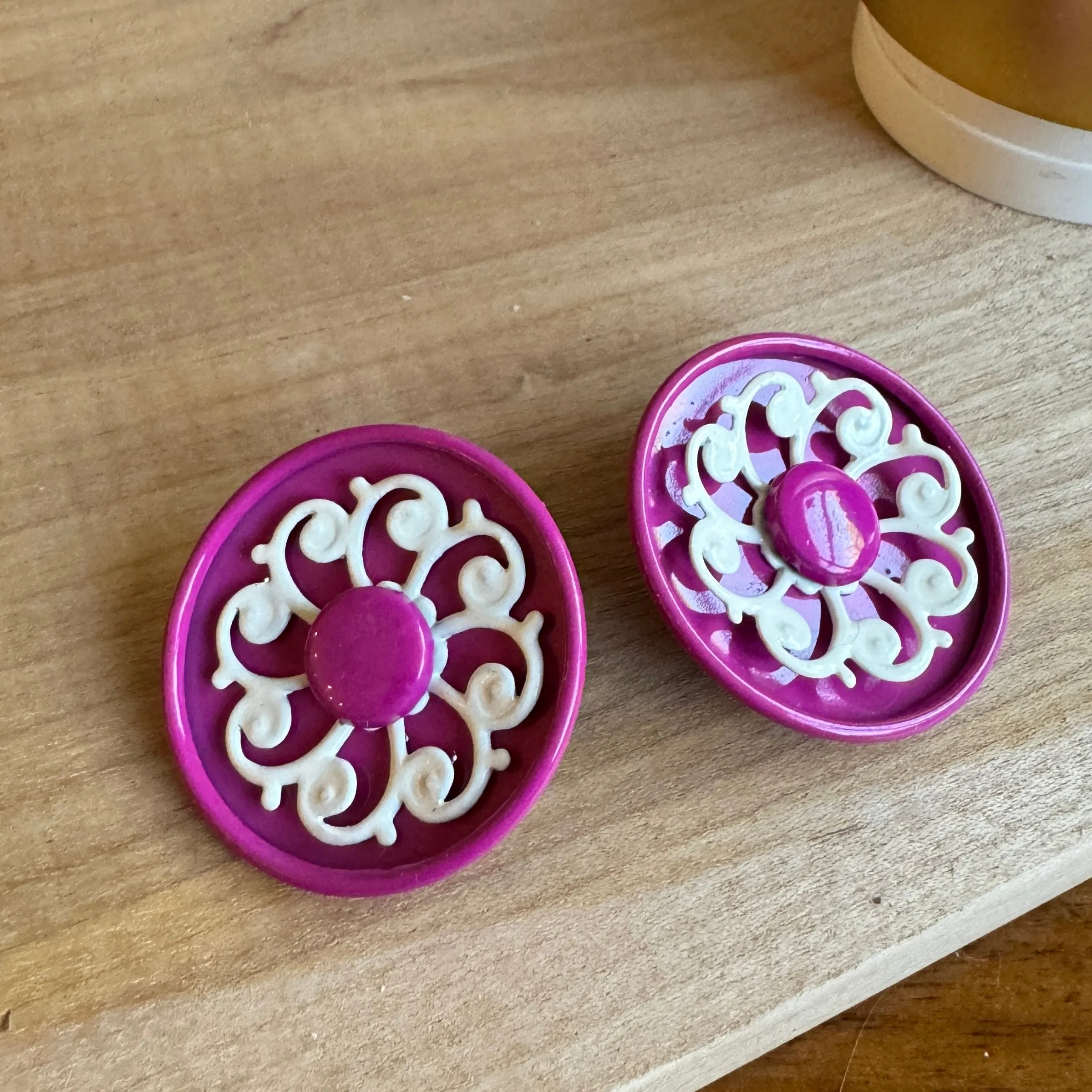 Deep Fuchsia Scroll Flower Layered Stud Earrings *