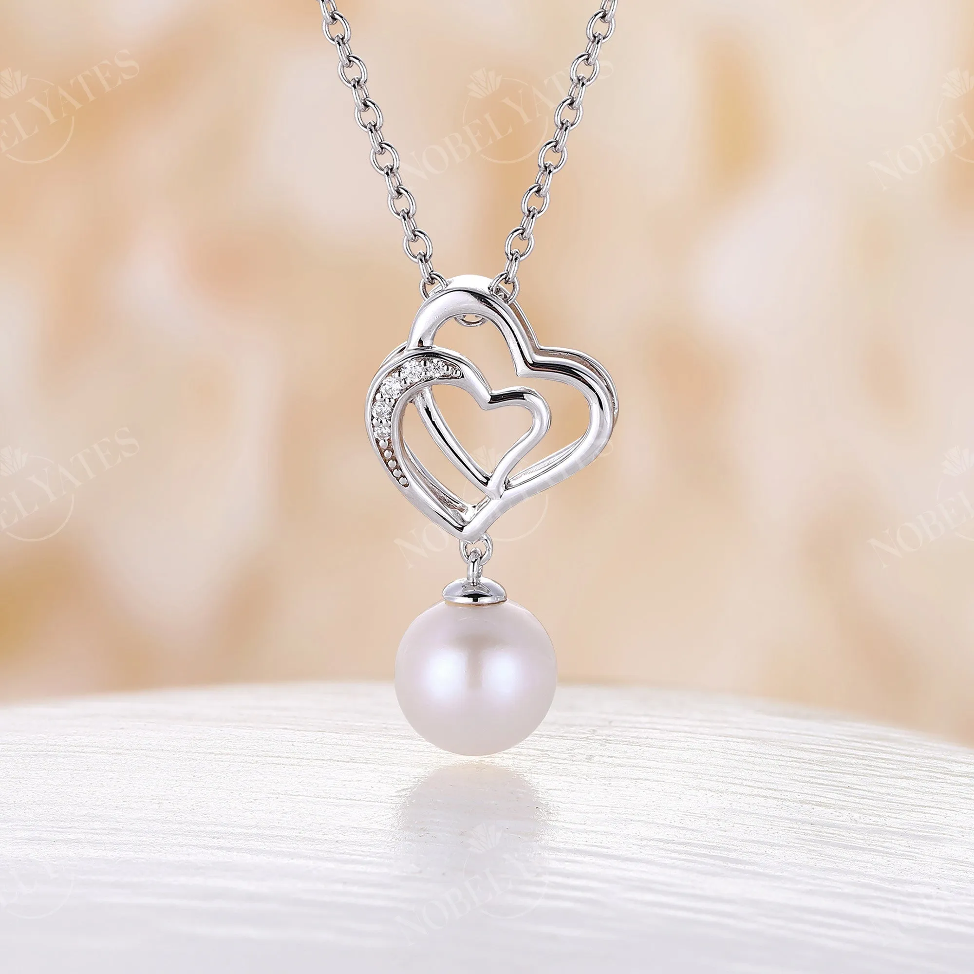 Double Heart Akoya Pearl Pendant Elegant Necklace White Gold