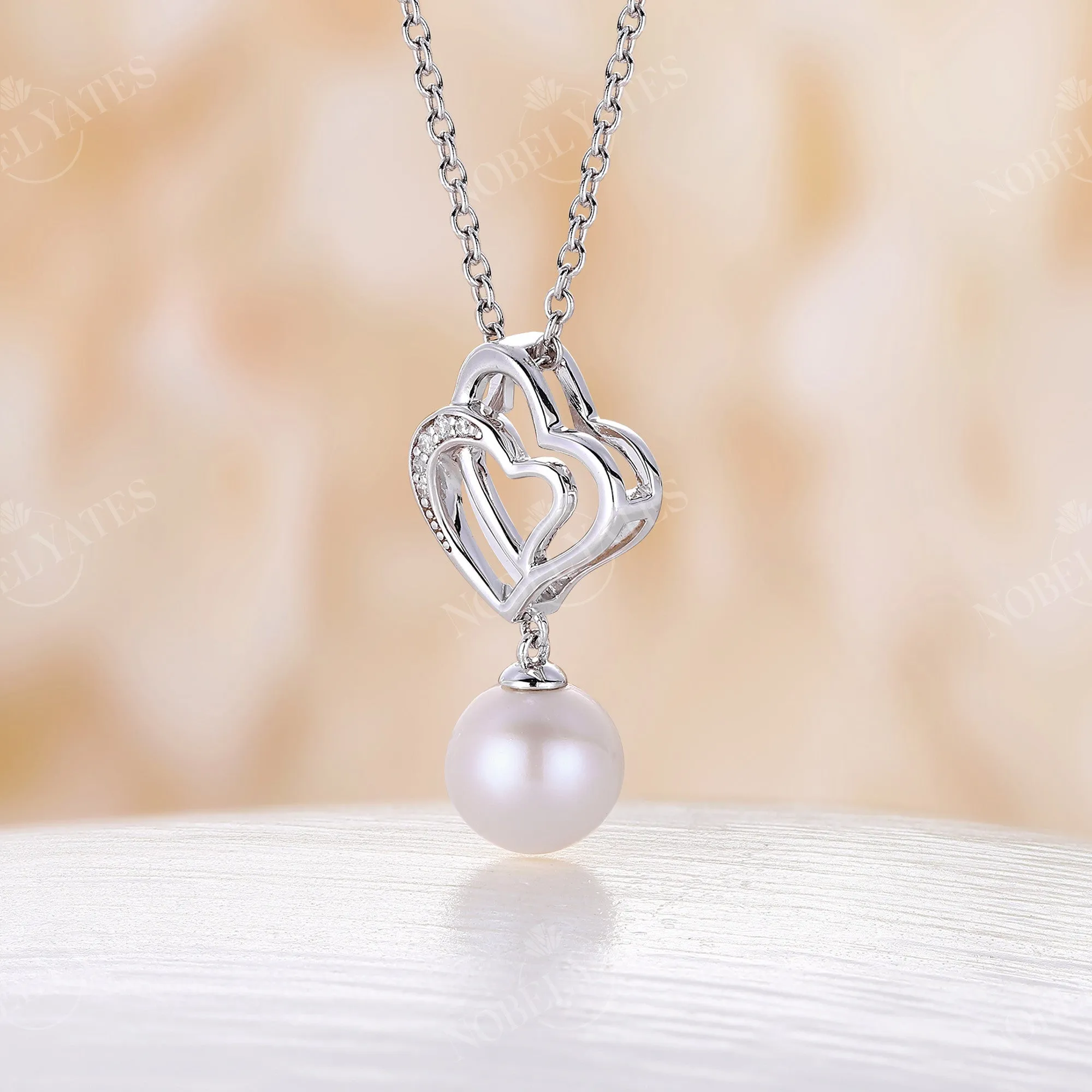 Double Heart Akoya Pearl Pendant Elegant Necklace White Gold