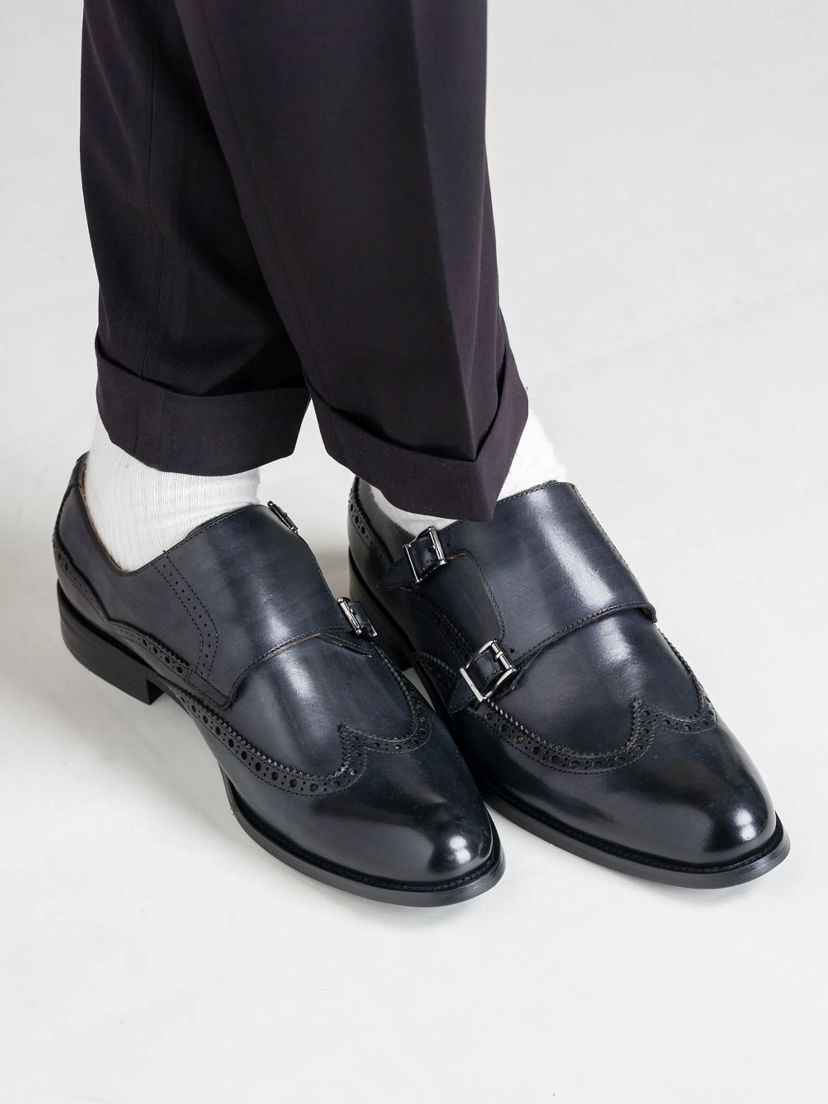 Double Monk Strap Brogue Wingtip - Duo Tone Black (Hand Painted Patina)