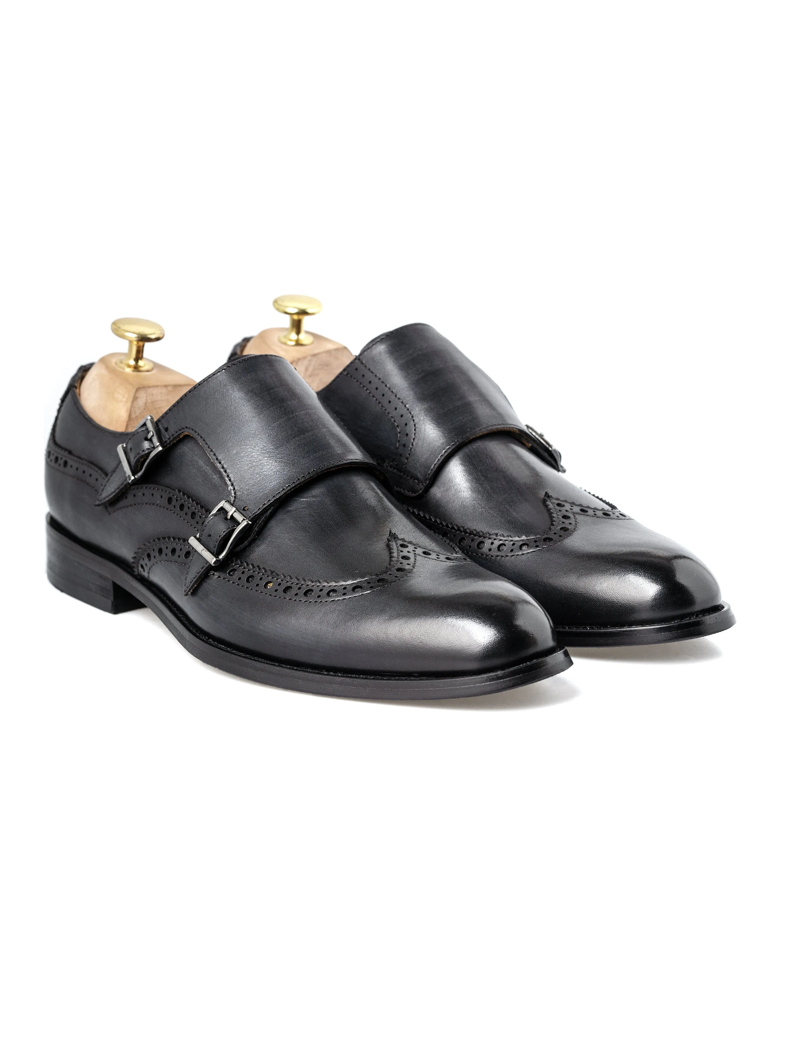 Double Monk Strap Brogue Wingtip - Duo Tone Black (Hand Painted Patina)