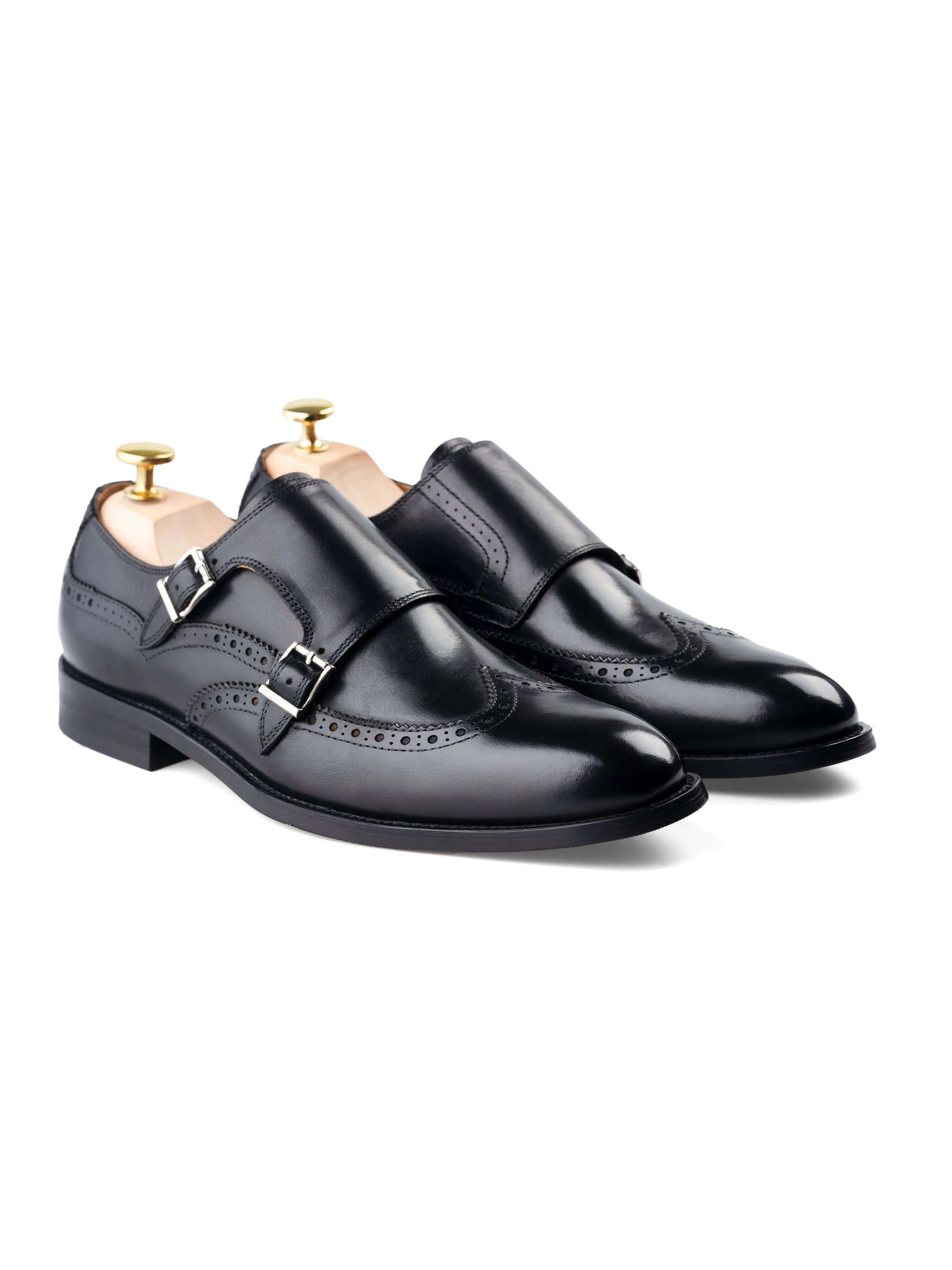 Double Monk Strap Brogue Wingtip - Solid Black (Hand Painted Patina)