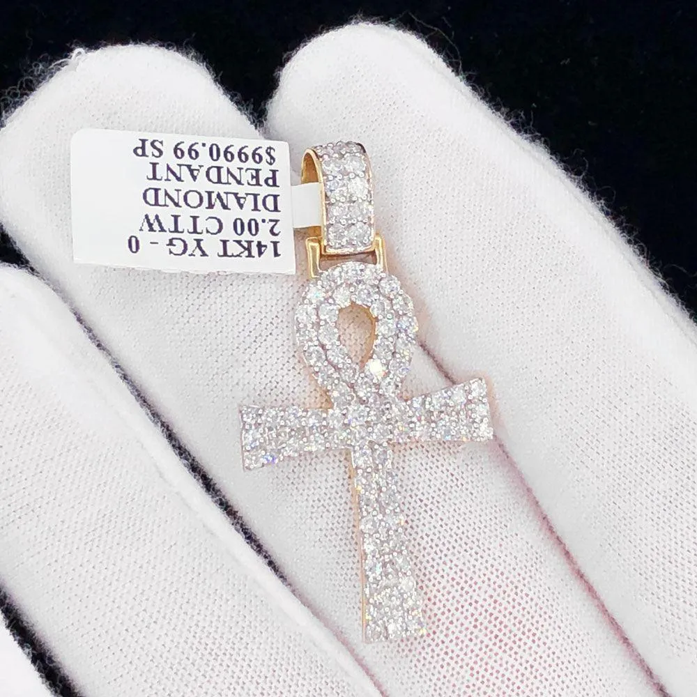 Double Tennis Ankh Cross Diamond Pendant 2.00cttw 10K Yellow Gold