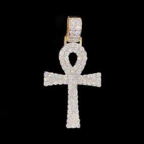 Double Tennis Ankh Cross Diamond Pendant 2.00cttw 10K Yellow Gold