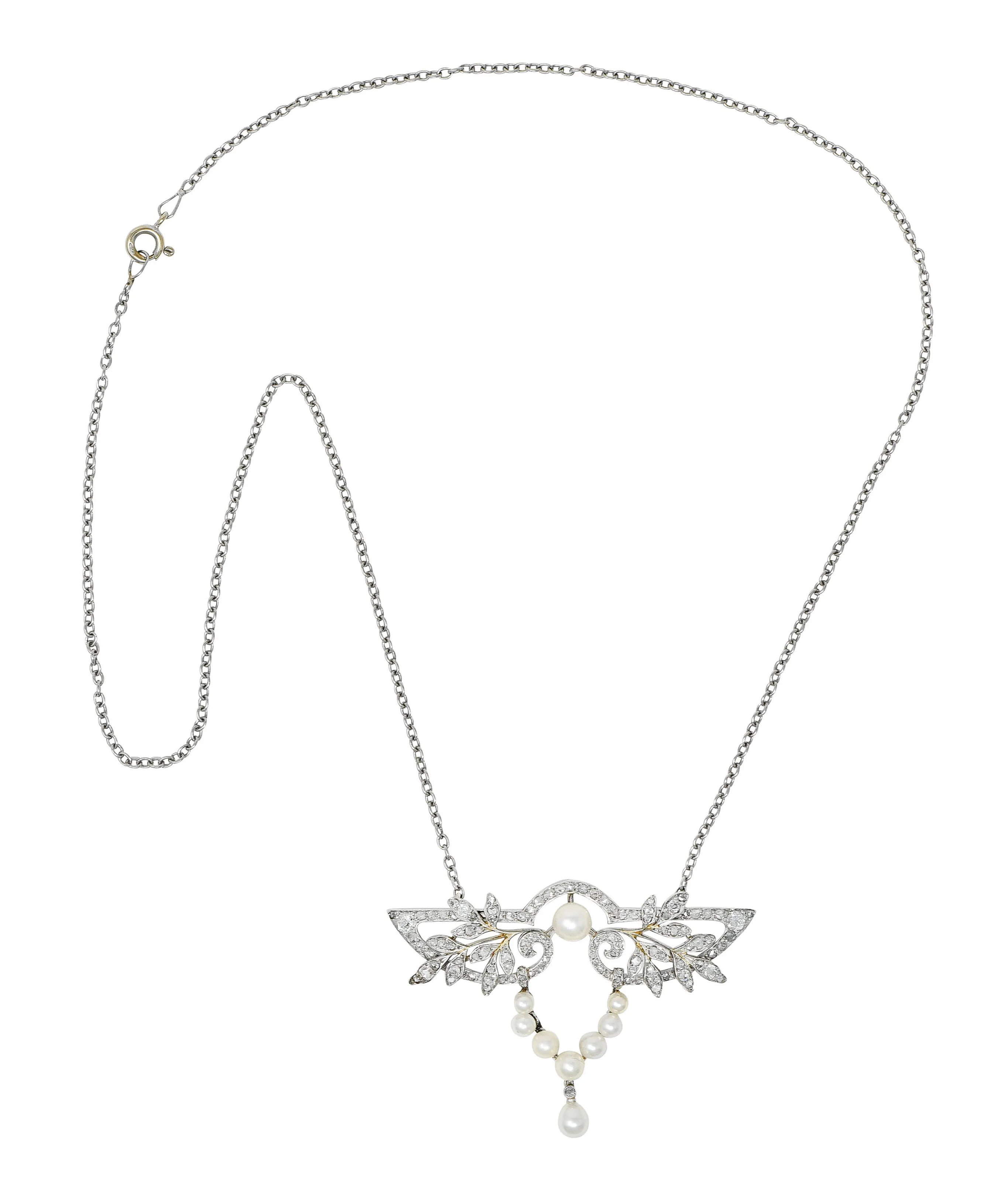 Edwardian Pearl Rose Cut Diamond Platinum Laurel Station Necklace