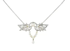 Edwardian Pearl Rose Cut Diamond Platinum Laurel Station Necklace