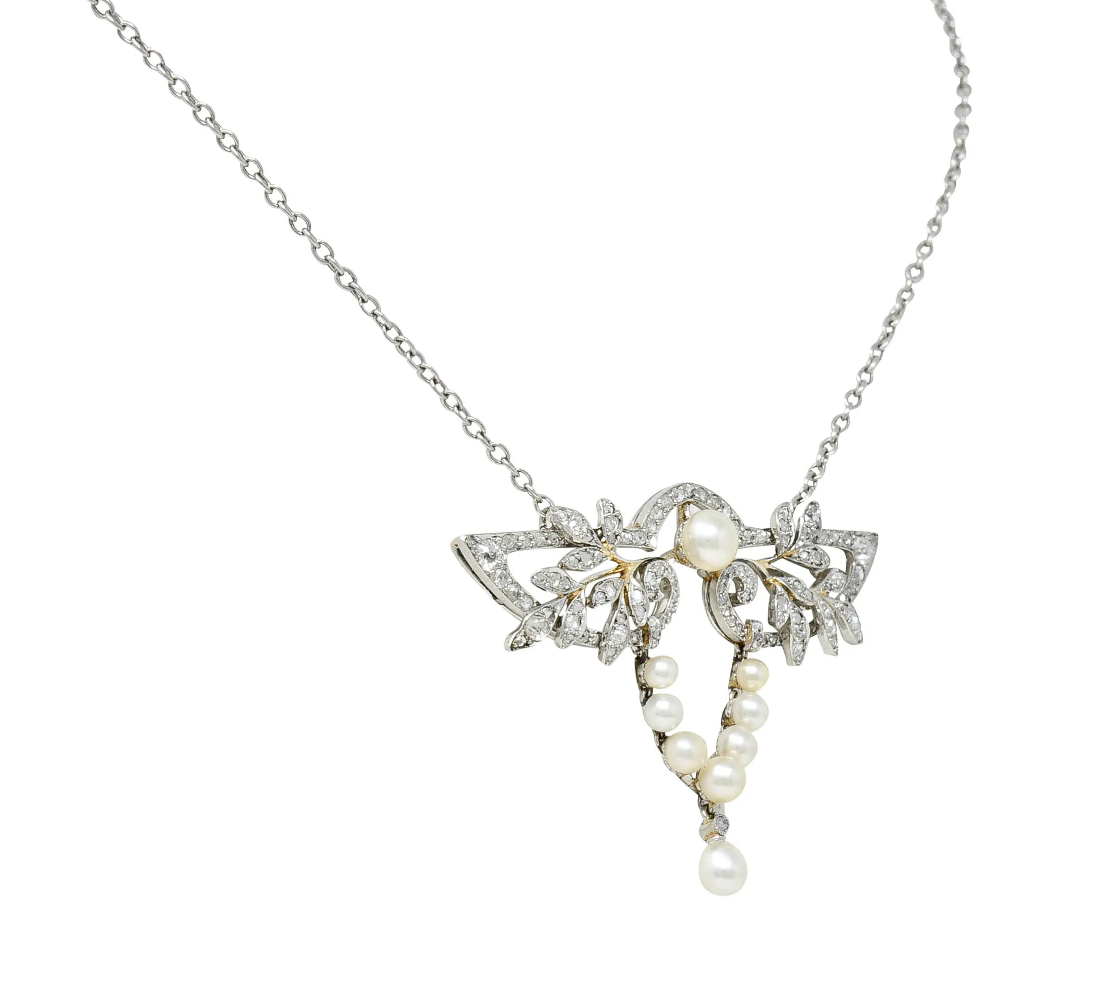 Edwardian Pearl Rose Cut Diamond Platinum Laurel Station Necklace