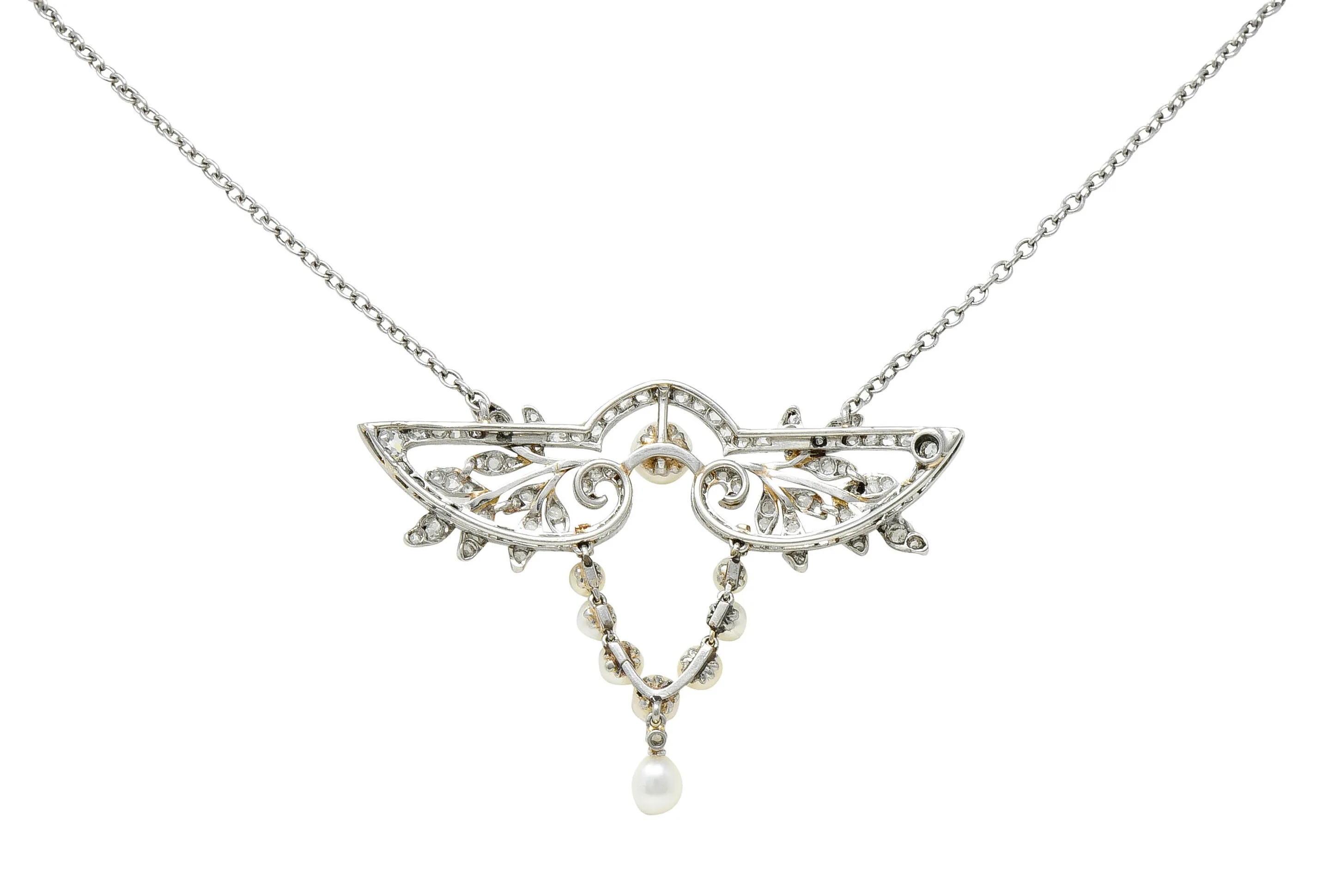 Edwardian Pearl Rose Cut Diamond Platinum Laurel Station Necklace