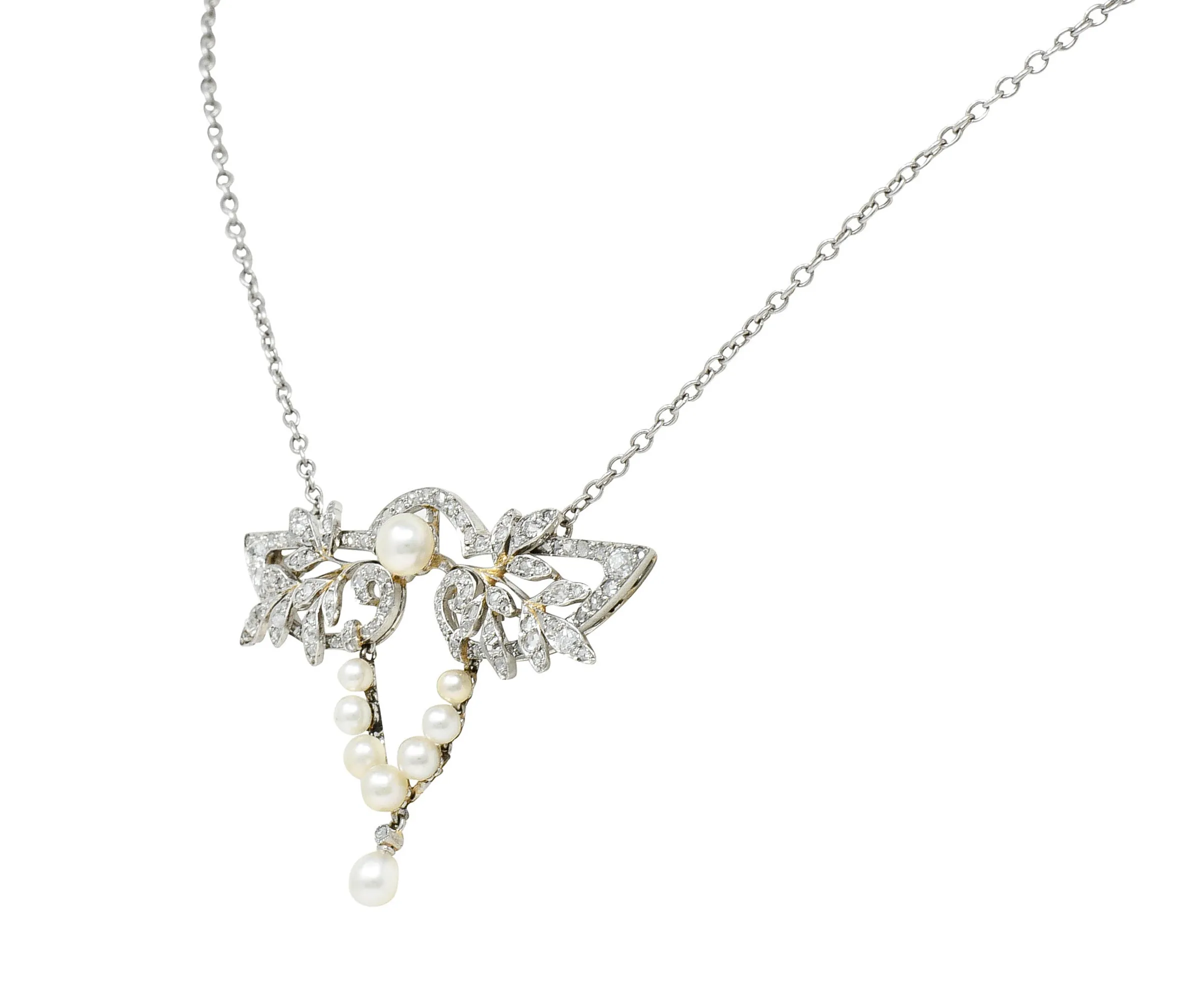 Edwardian Pearl Rose Cut Diamond Platinum Laurel Station Necklace