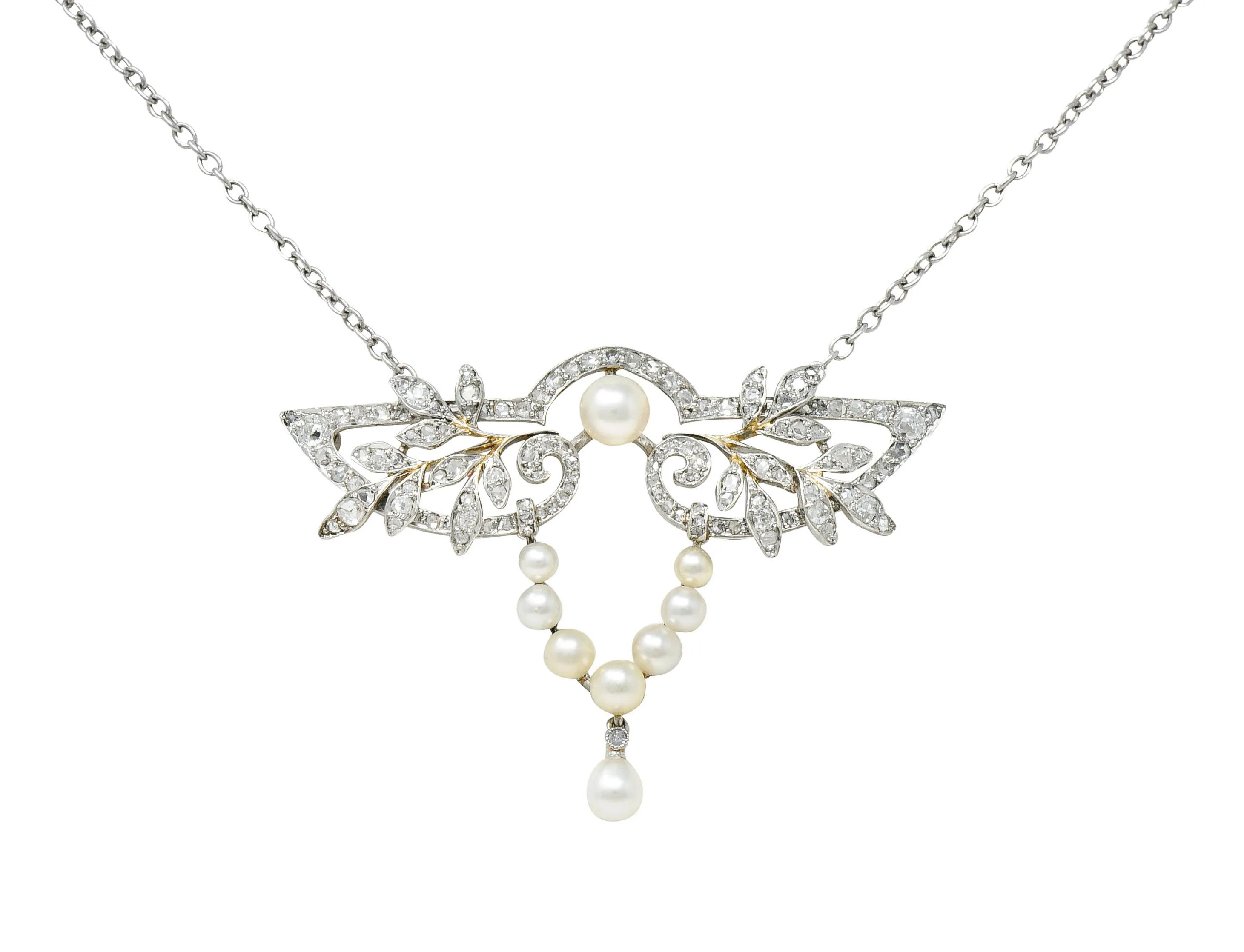 Edwardian Pearl Rose Cut Diamond Platinum Laurel Station Necklace