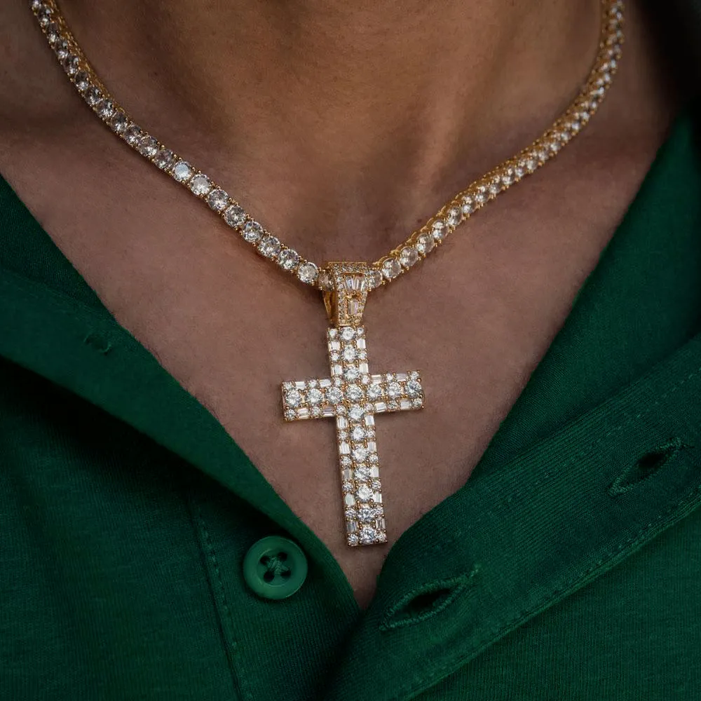 Emerald Cross Necklace Pendant & Tennis Chain