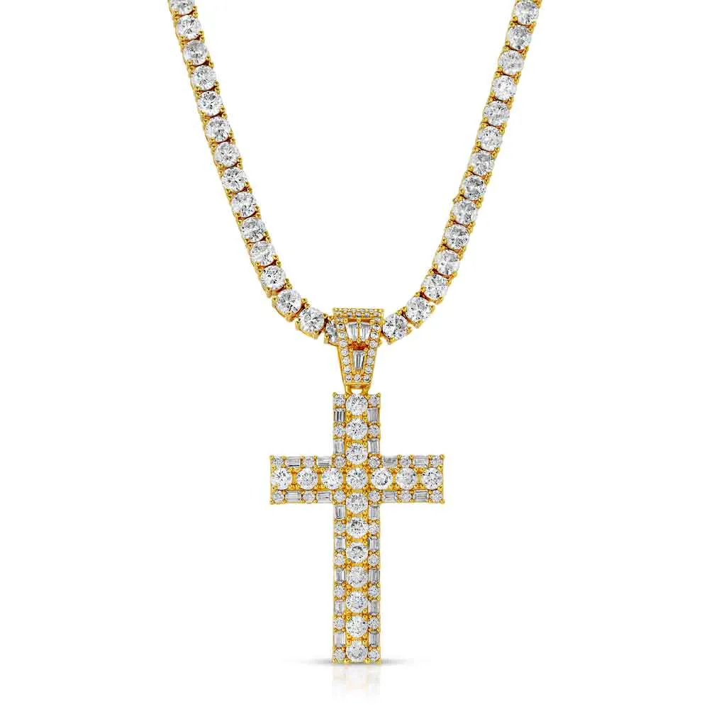 Emerald Cross Necklace Pendant & Tennis Chain