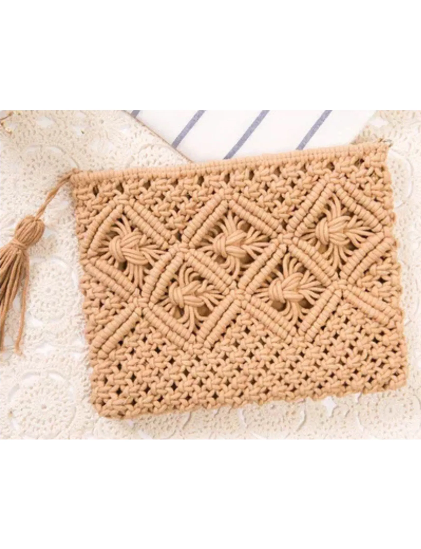 Handmade Cotton Rope Macrame Clutch, Tan